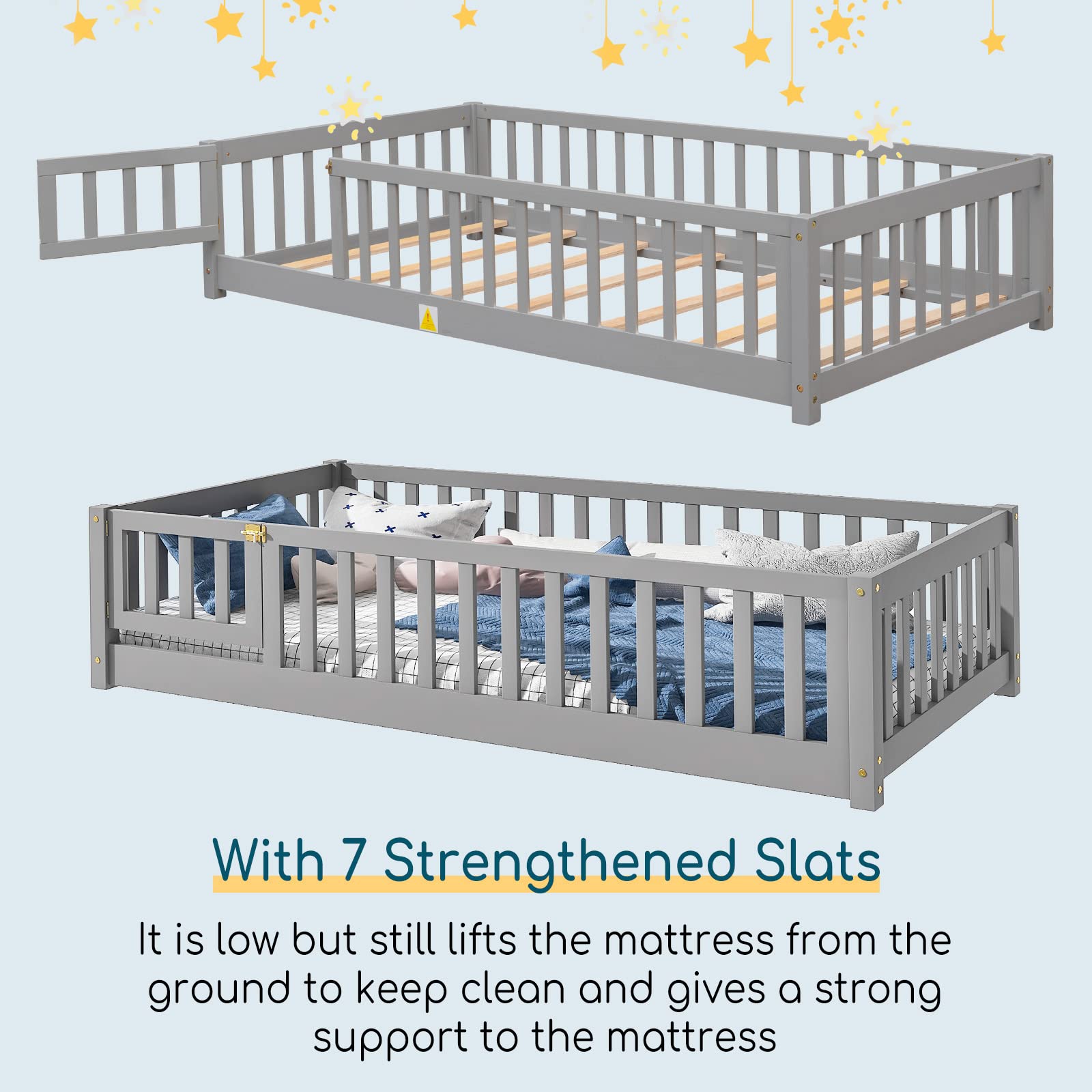 Twin Size Montessori Floor Bed with Safety Guardrails & Slats - Sturdy Wood Toddler Bed Frame for Girls & Boys in Grey - Perfect for Kids' Room, Playroom & Montessori Learning Spaces
