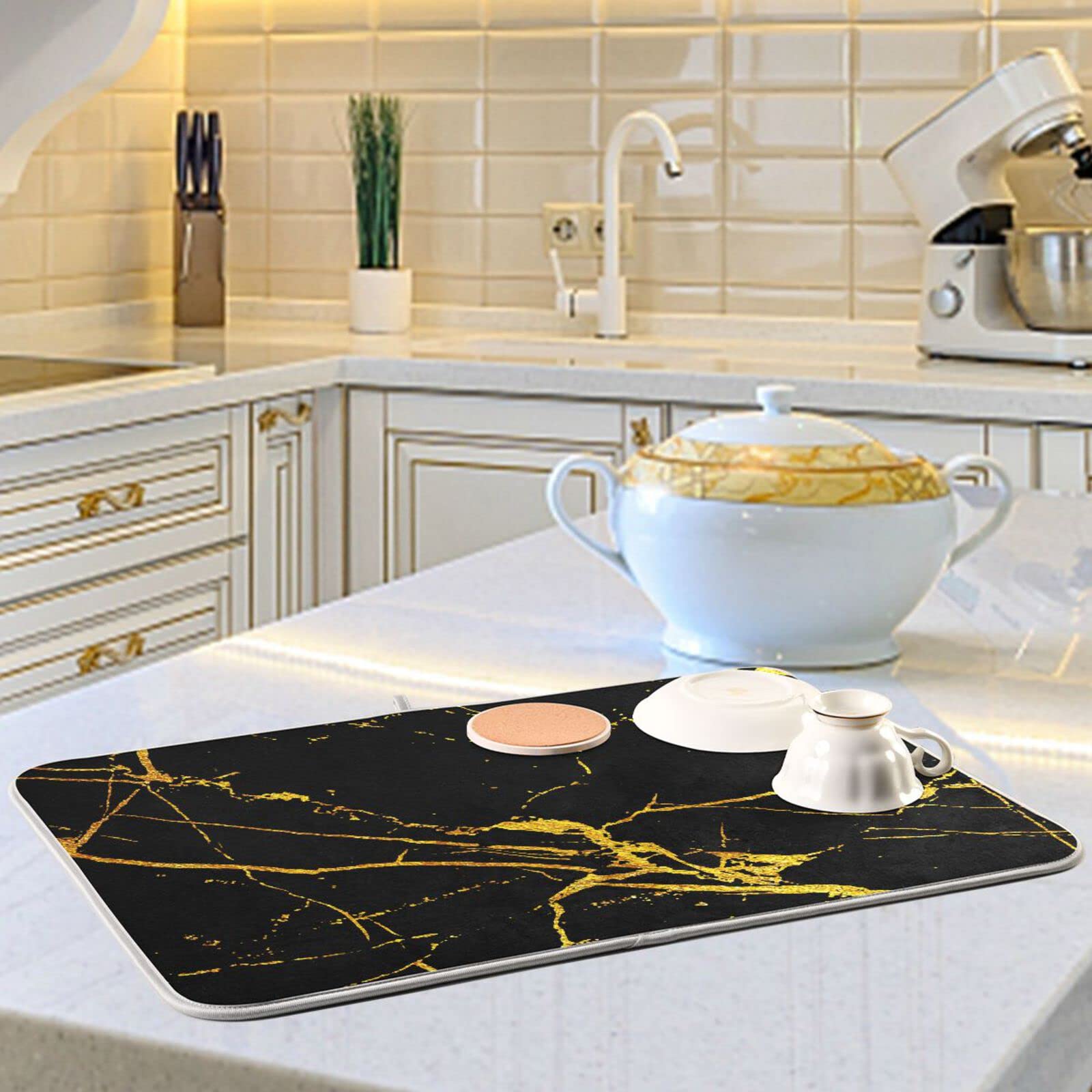 Marble Dish Drying Mat 18x24 Inch - Microfiber Kitchen Countertop Drainer for Dishes & Utensils
