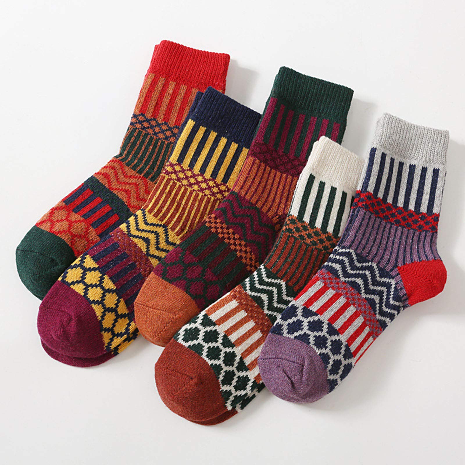 **5-Pack Vintage Patchwork Cotton Socks for Women - Fashion Print Tube Stockings - Perfect for Casual Wear, Gifts & Seasonal Outfits**