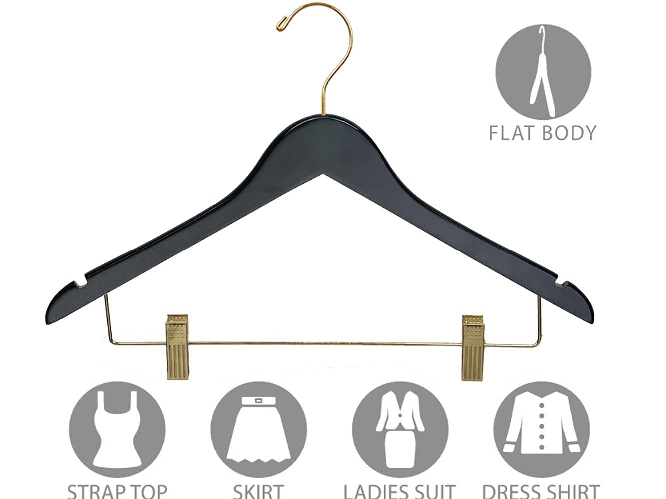 25 Pack Premium Wooden Skirt Hangers with Adjustable Clips - Solid Wood Pants Hangers in Semi-Gloss Black Finish for Closet Organization & Wardrobe Storage