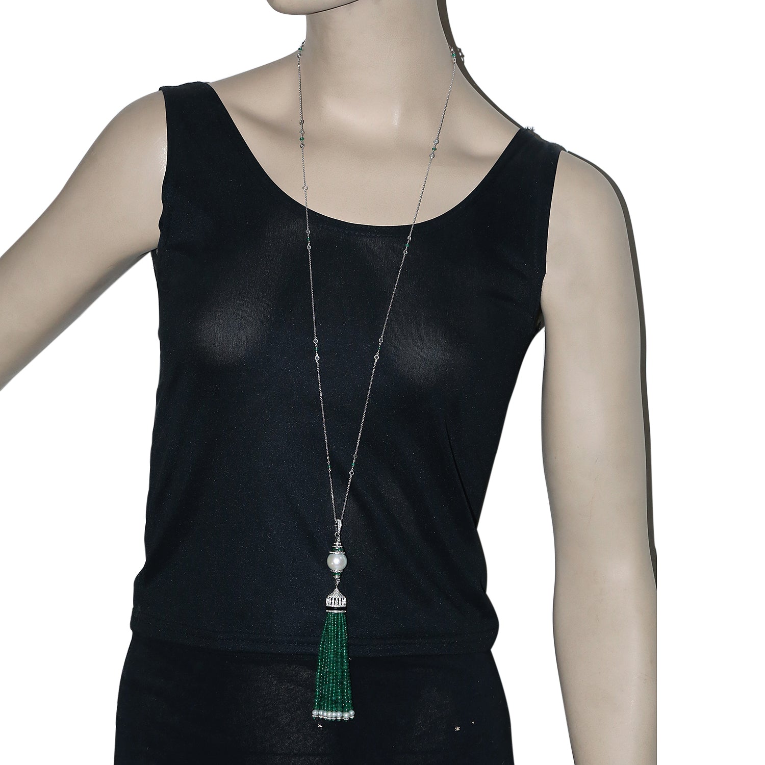 Faceted Beaded Emerald Pearl Multi-Gemstone Tassel Rope Lariat Necklace in White Gold - Elegant Statement Jewelry for Weddings, Parties & Special Occasions