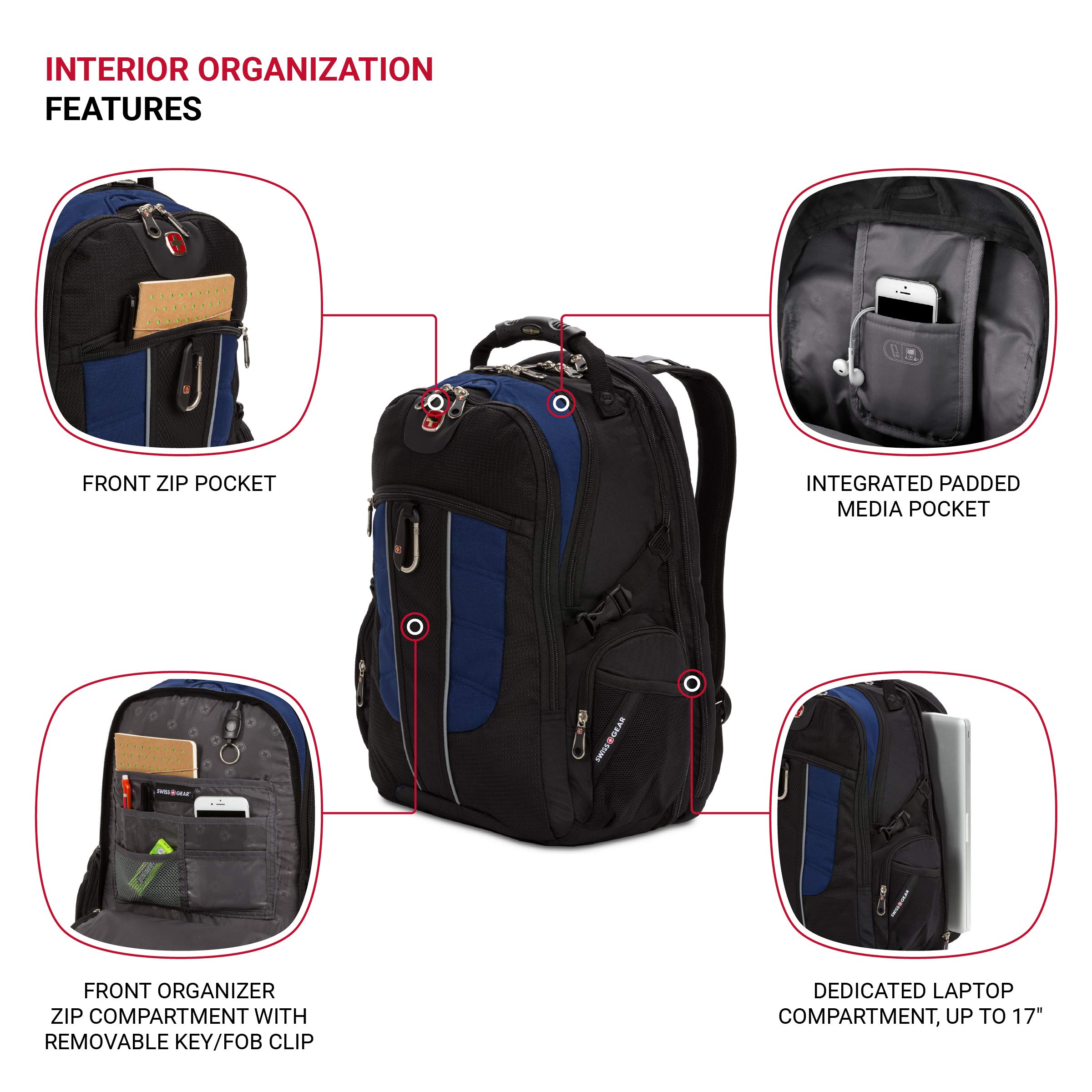 SWISSGEAR 1753 ScanSmart Laptop Backpack - 17 Inch Laptop Bag with TSA-Friendly Design, Durable & Water-Resistant for Travel, Work & School (Black/Navy) - Perfect for Business Trips, College & Commuting