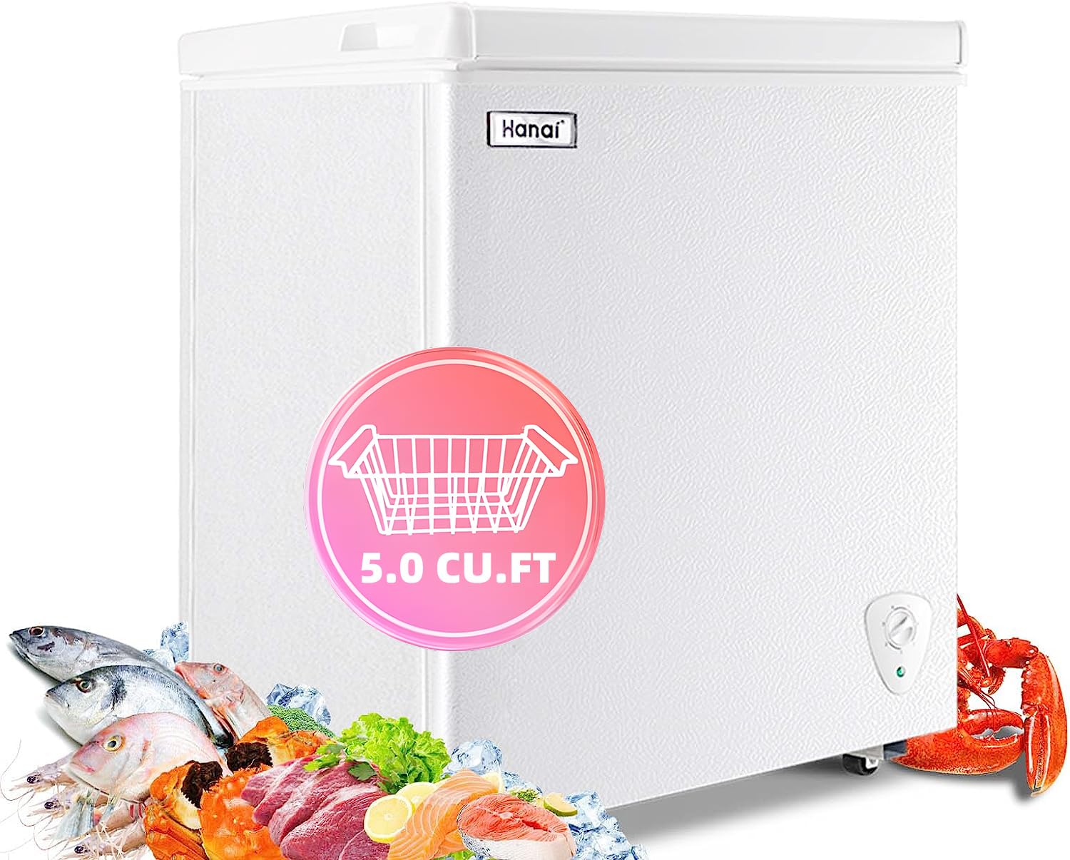 WANAI 5.0 Cu. Ft Deep Freezer - Compact Chest Freezer with Storage Basket & 7 Temperature Settings - Black/White - Perfect for Home, Garage, Apartment, Kitchen & Office Use