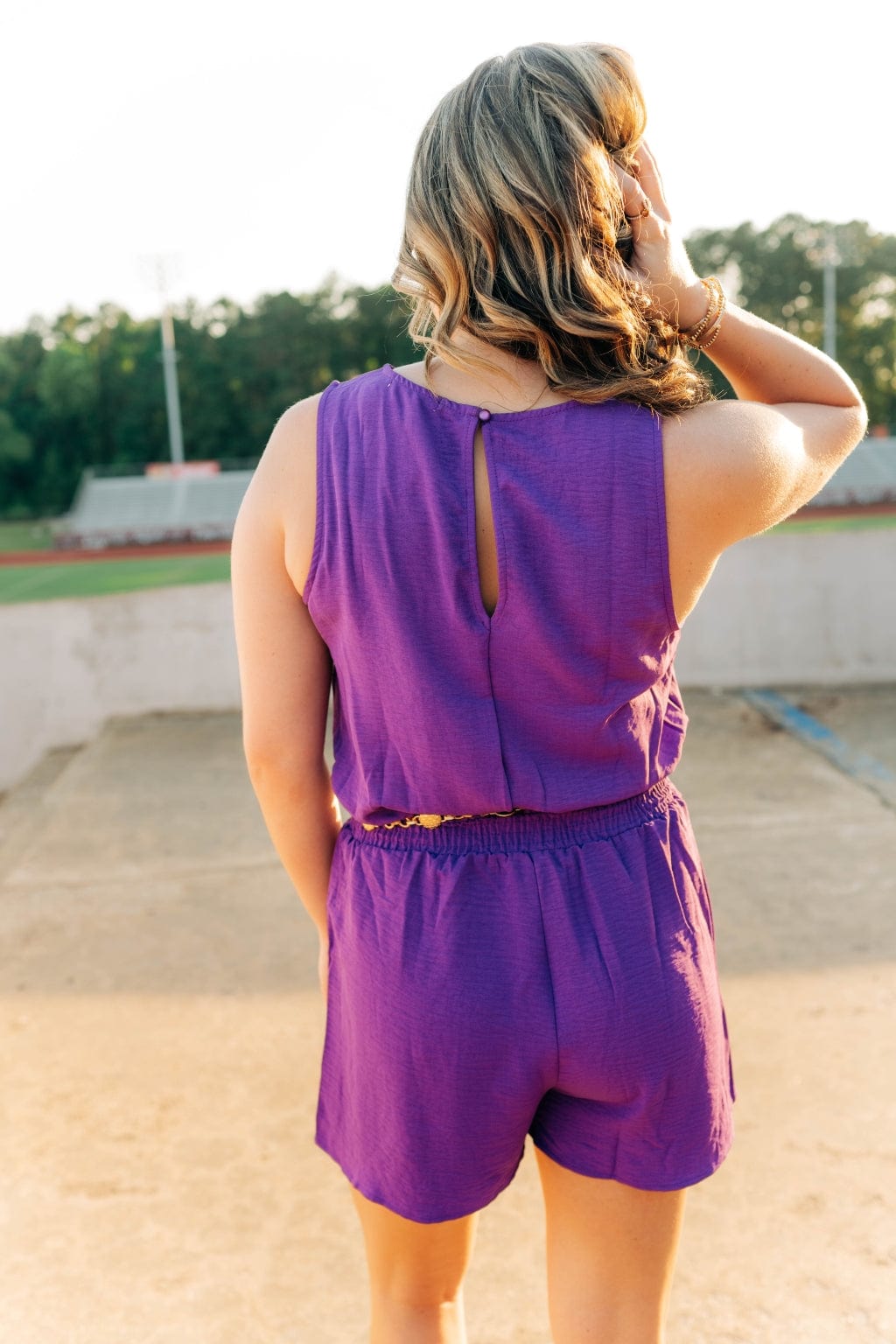 Stylish Purple Elastic Waist Romper for Women - Comfortable Jumpsuit for Casual Wear, Lounge & Summer Outfits