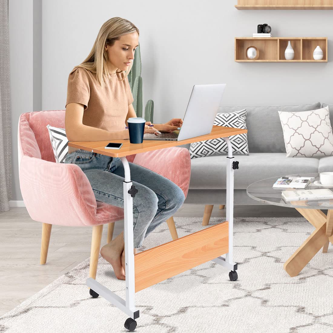 Adjustable Height Rolling Laptop Desk Cart with Wheels - Mobile Computer Stand for Home Office, Bed, Couch & Sofa - Portable Tray Table for Work, Study & Relaxation (Oak-L)