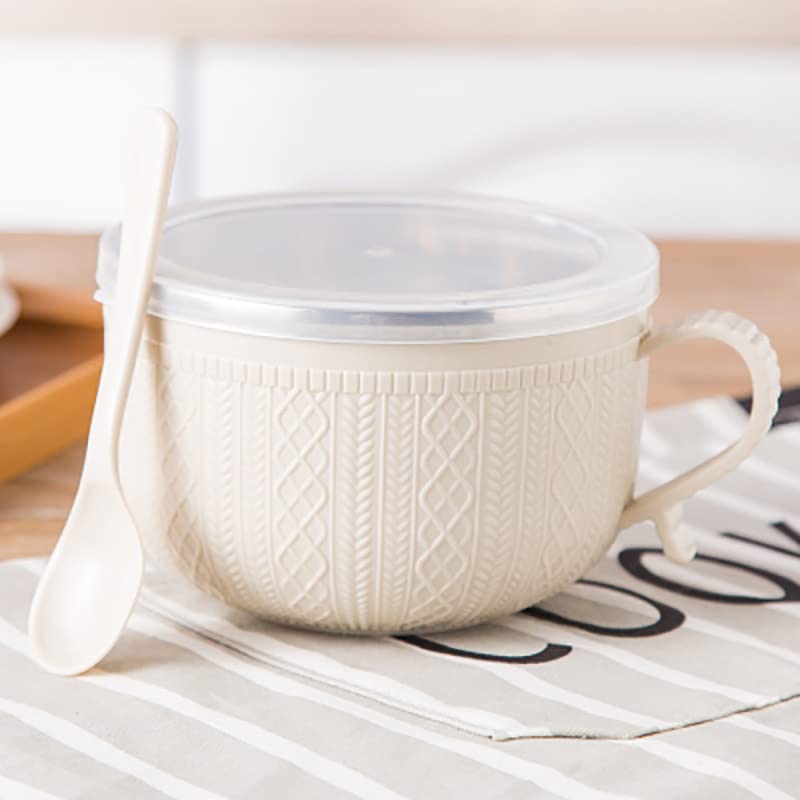 Premium Large Stainless Steel Noodle Bowl with Handle - 32oz Insulated Soup Bowl with Lid & Spoon - Microwave Safe Food Container for Ramen, Cereal, Rice & Pho - Perfect for Home, Office & Camping (Beige)