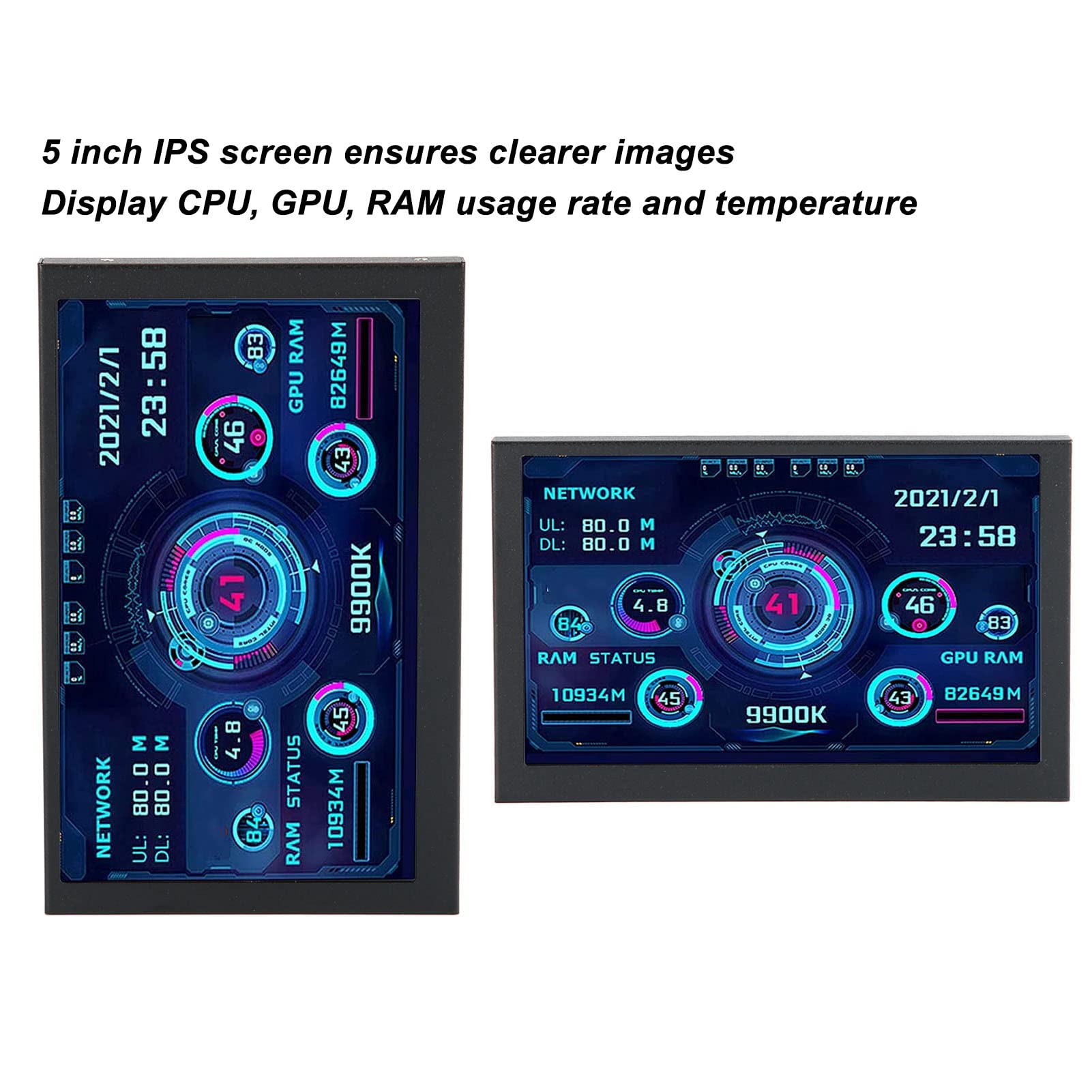 Bewinner 5 Inch IPS USB Mini Display - AIDA64 PC CPU HDD Data Monitor, Computer Sensor Panel with Temperature Display for PC ARGB Case, Secondary Screen for Gaming & Workstation Setup