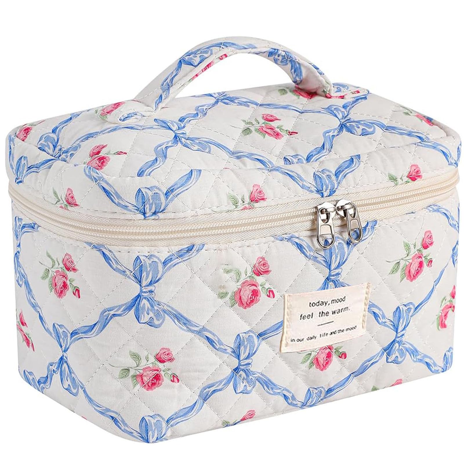 Large Makeup Bag for Women - Floral Quilted Cosmetic Organizer with Coquette Aesthetic | Travel Toiletry Case for Girls, Perfect for Vacation, Gym & Daily Essentials Storage