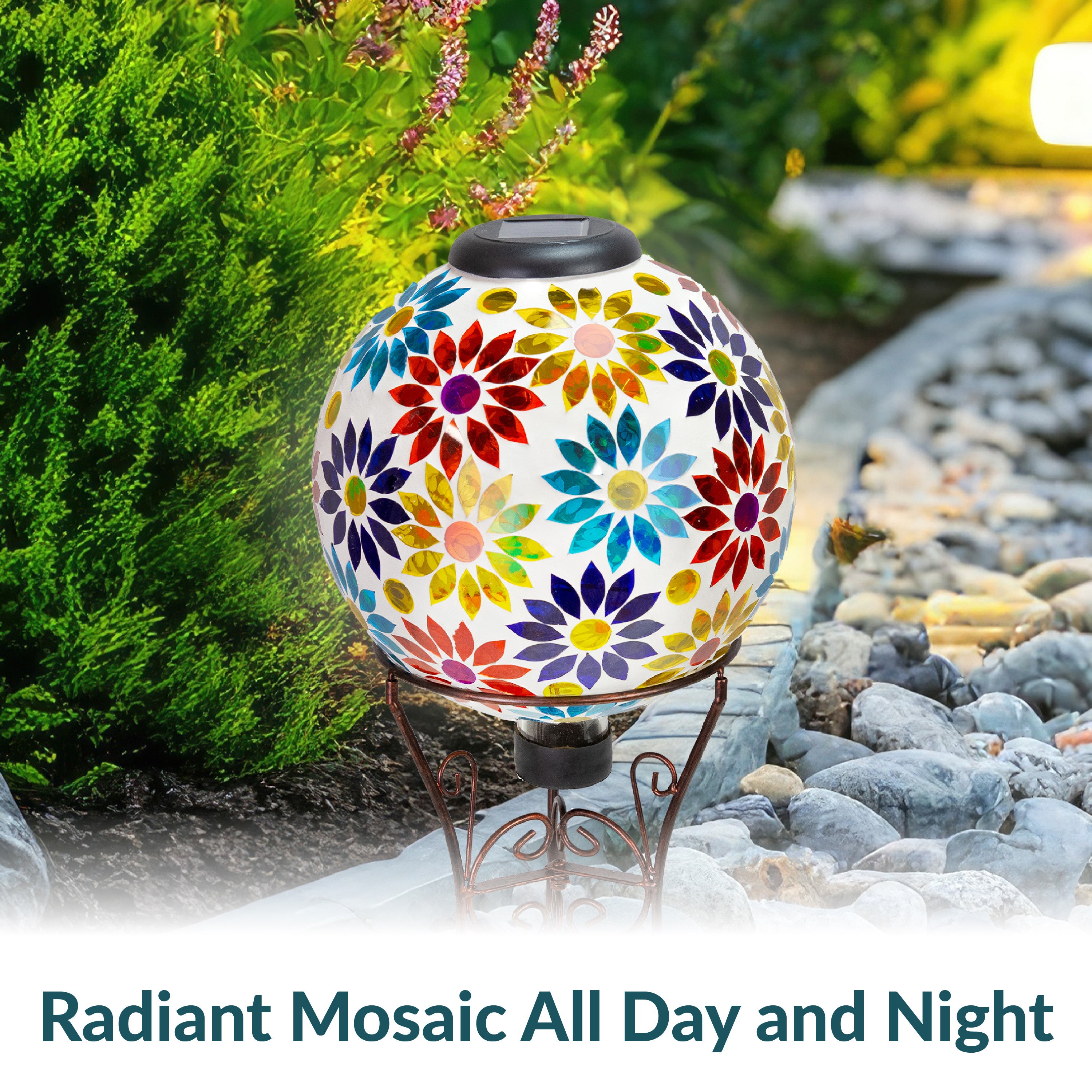 Sunnydaze 10-Inch Glass Mosaic Solar Garden Gazing Globe - Decorative Outdoor Sphere for Garden, Patio, Yard & Landscape Decor | Solar-Powered Light for Nighttime Ambiance