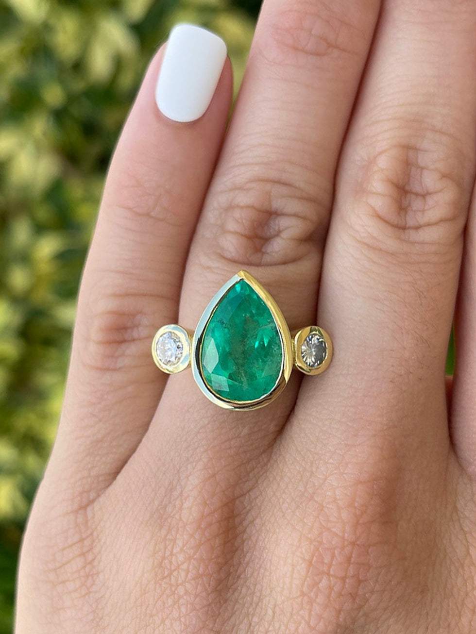 8.0tcw 18K Gold Pear Teardrop Emerald & Round Diamond Three Stone Ring for Engagement, Wedding, Anniversary - Elegant Jewelry Gift for Women