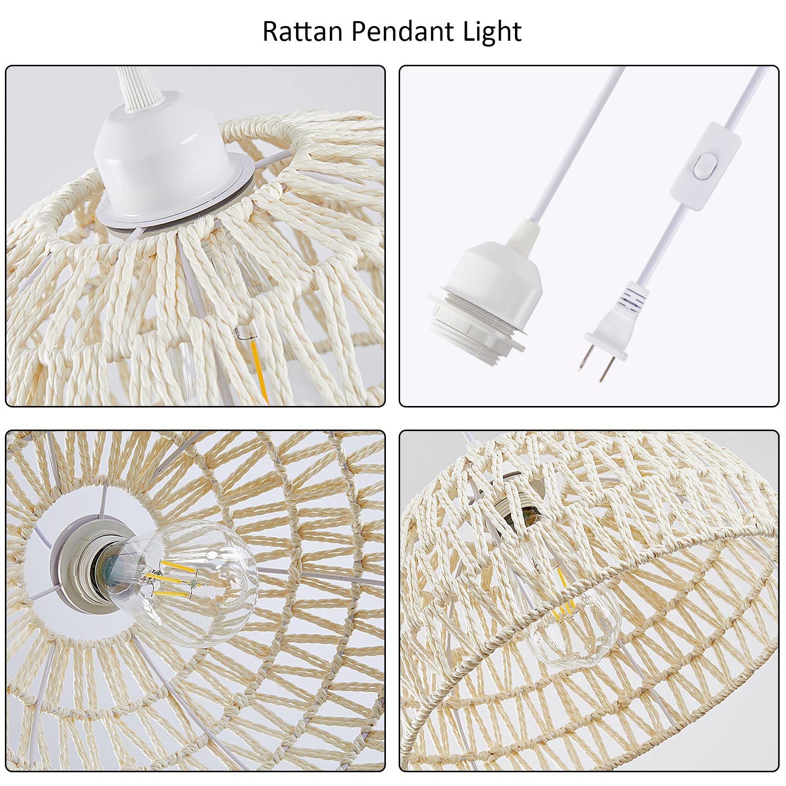 Boho Rattan Pendant Light with 15ft Hemp Rope Cord - Plug in Wicker Basket Lamp Shade for Kitchen Island, Dining Room & Bedroom - Cream Woven Ceiling Light Fixture (Easy Installation, No Hardwiring Needed)