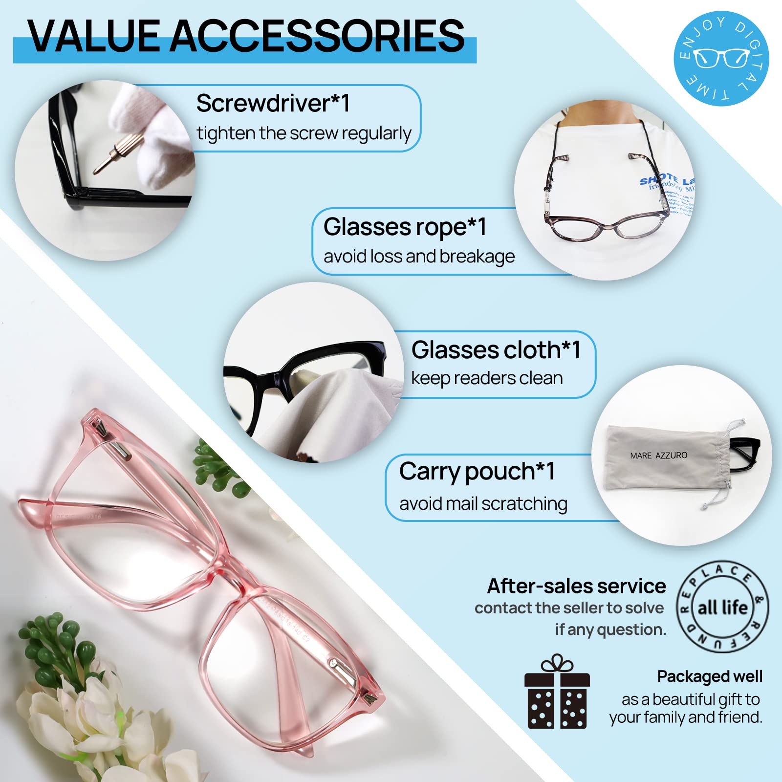 Blue Light Blocking Reading Glasses for Women - MARE AZZURO Computer Glasses with Anti-Glare Lenses (0.00 to 6.00 Strength) in Pink - Perfect for Screen Time, Reading & Office Work