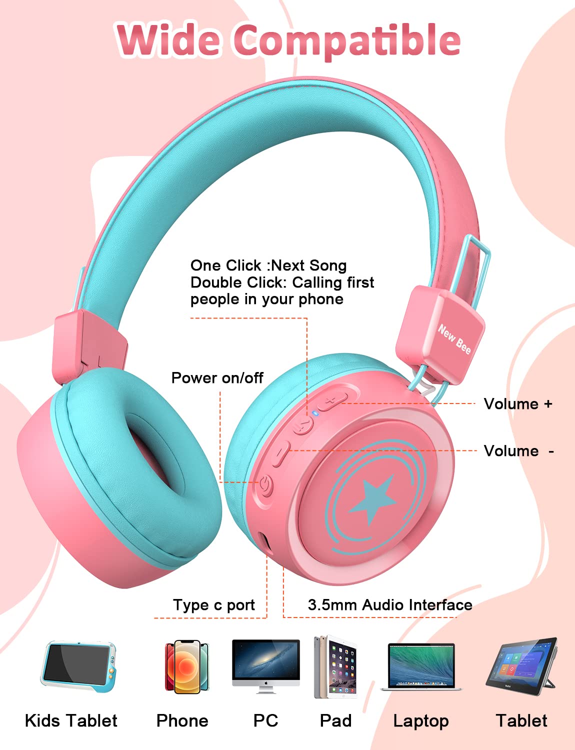 Kids Bluetooth Headphones with Microphone - Wireless On-Ear Headphones for Boys & Girls, Bluetooth 5.0, 32H Playtime, 94dB Volume Limit - Compatible with iPad, Fire Tablet (Pink) - Perfect for School, Online Classes & Travel