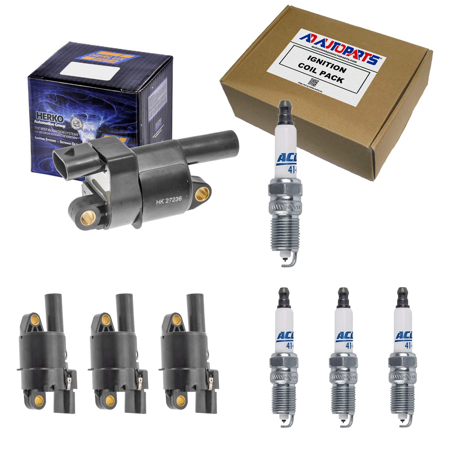 4 Herko Automotive Ignition Coils & 4 OEM 41-962 Double Platinum Spark Plugs Kit - Compatible with Ford, Chevy, Dodge | High Performance Replacement for Smooth Engine Start & Fuel Efficiency