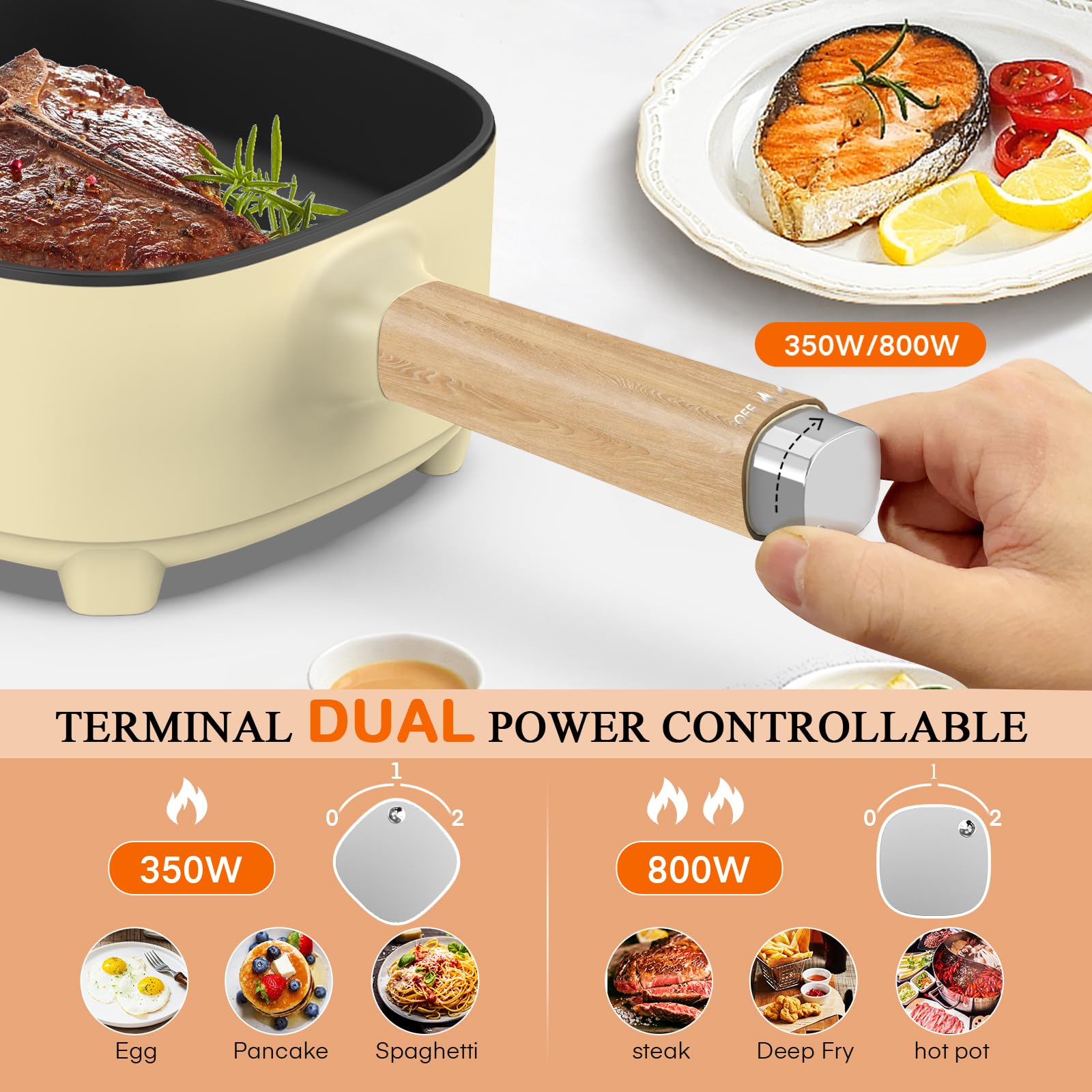 Audecook 2L Electric Hot Pot with Ceramic Non-Stick Coating, 8-Inch Portable Travel Cooker for Ramen, Steak, Fried Rice & Soup - Dual Power Control - Perfect for Dorms, Camping & Small Kitchens (Includes Silicone Spatula)