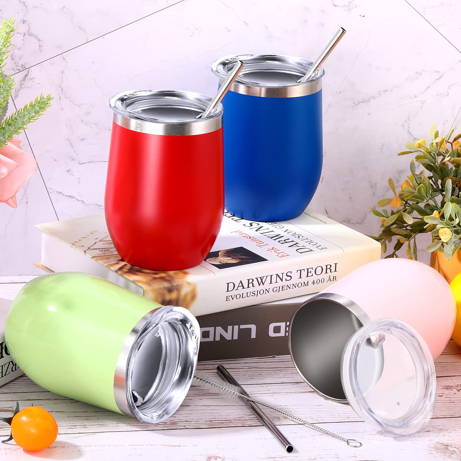 12 Pack Stainless Steel Stemless Wine Tumblers - 12oz Double Wall Vacuum Insulated Cups with Lids & Straws - Reusable Tumblers for Wine, Coffee, Cocktails, Champagne - Perfect for Parties, Picnics, BBQs & Gifts (12 Colors)