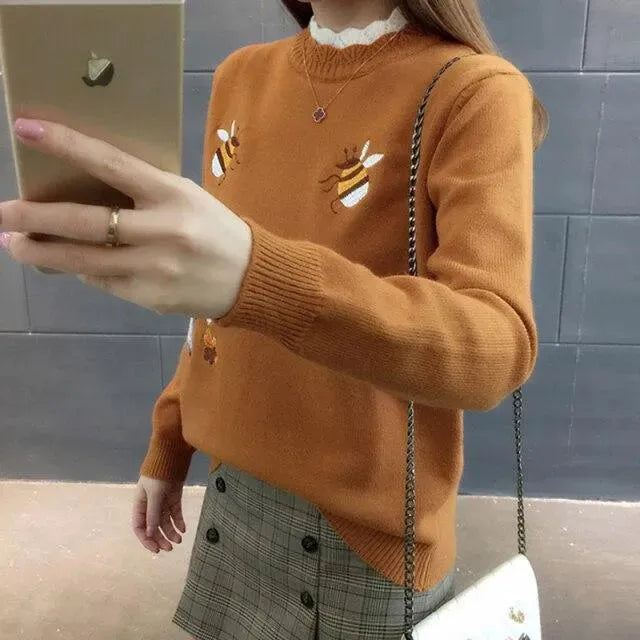 Embroidered Crewneck Women's Sweater - Soft Casual Pullover for Fall & Winter - Perfect for Layering, Office Wear, and Cozy Weekends