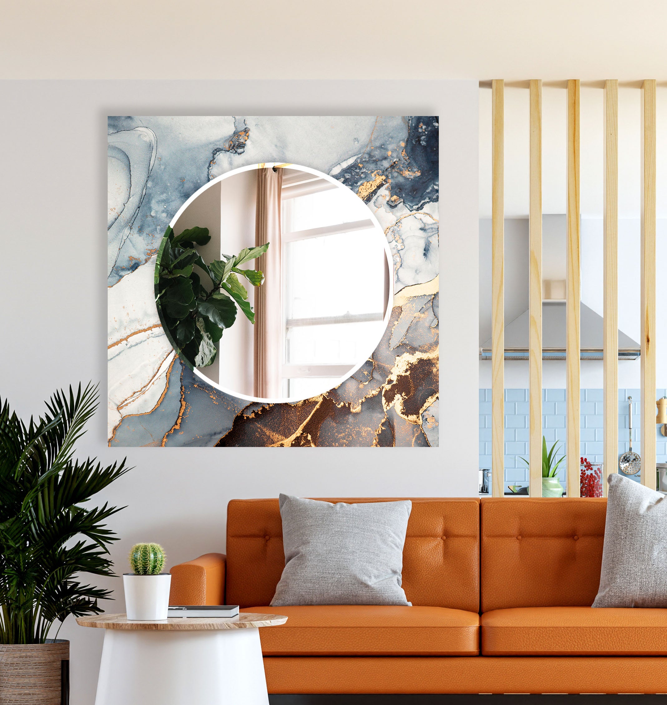 Luxury Blue & Gold Marble Glass Wall Mirror - Modern Statement Decor for Living Room, Bedroom, Entryway & Bathroom