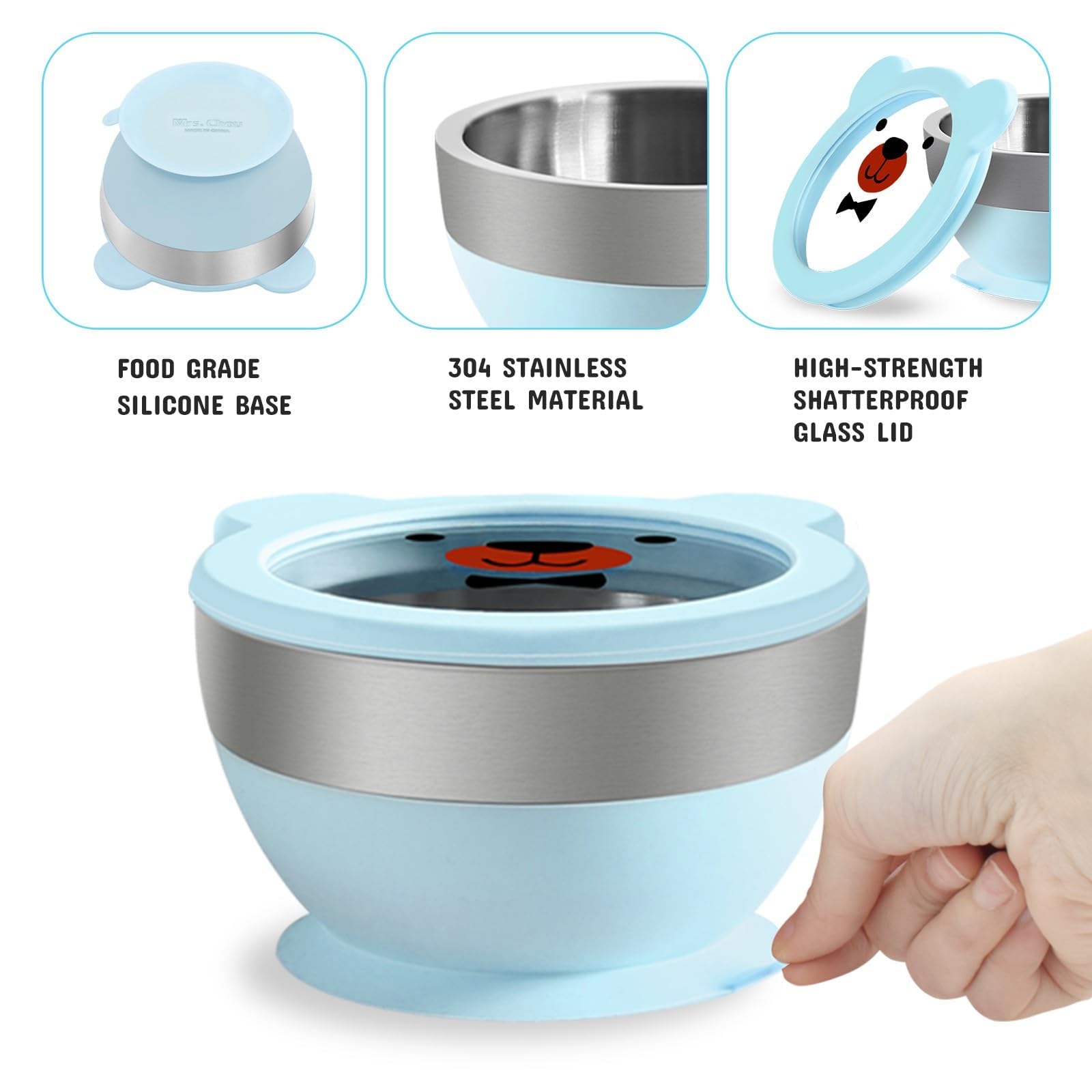 Non-Slip Silicone Suction Bowl & Spoon Set for Babies - 304 Stainless Steel Bowls with Double-Layer Insulation & BPA-Free Lids | Food-Grade Safe Feeding Essentials for Toddlers | Perfect for Highchair, Travel & Mess-Free Mealtime (Blue)