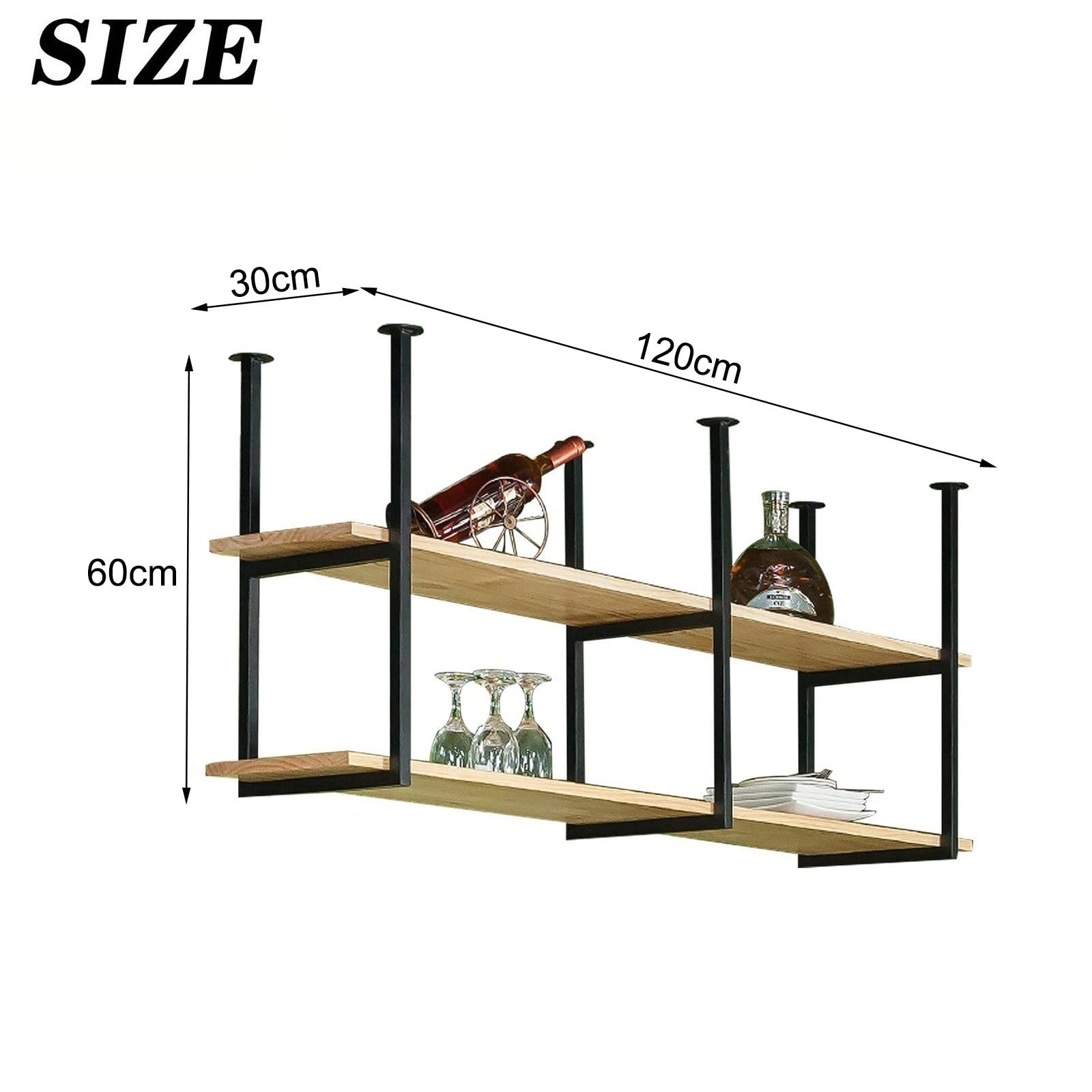 Industrial Ceiling Mount Shelf 2-Tier - Floating Shelves for Kitchen Storage, Wine Rack for Bottles & Glasses, Dish Organizer - Perfect for Restaurants, Bars & Home Kitchens (47.2×11.8×23.6in, Black) - Space-Saving Wall Storage Solution for Small Spaces