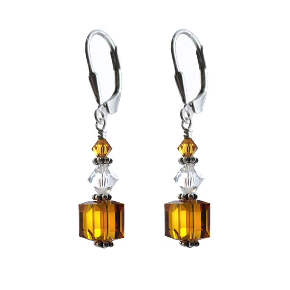 8mm Cube Austrian Crystal Deep Yellow Earrings - Topaz Colored Sterling Silver Leverback for Women, Gift, Party & Evening Wear