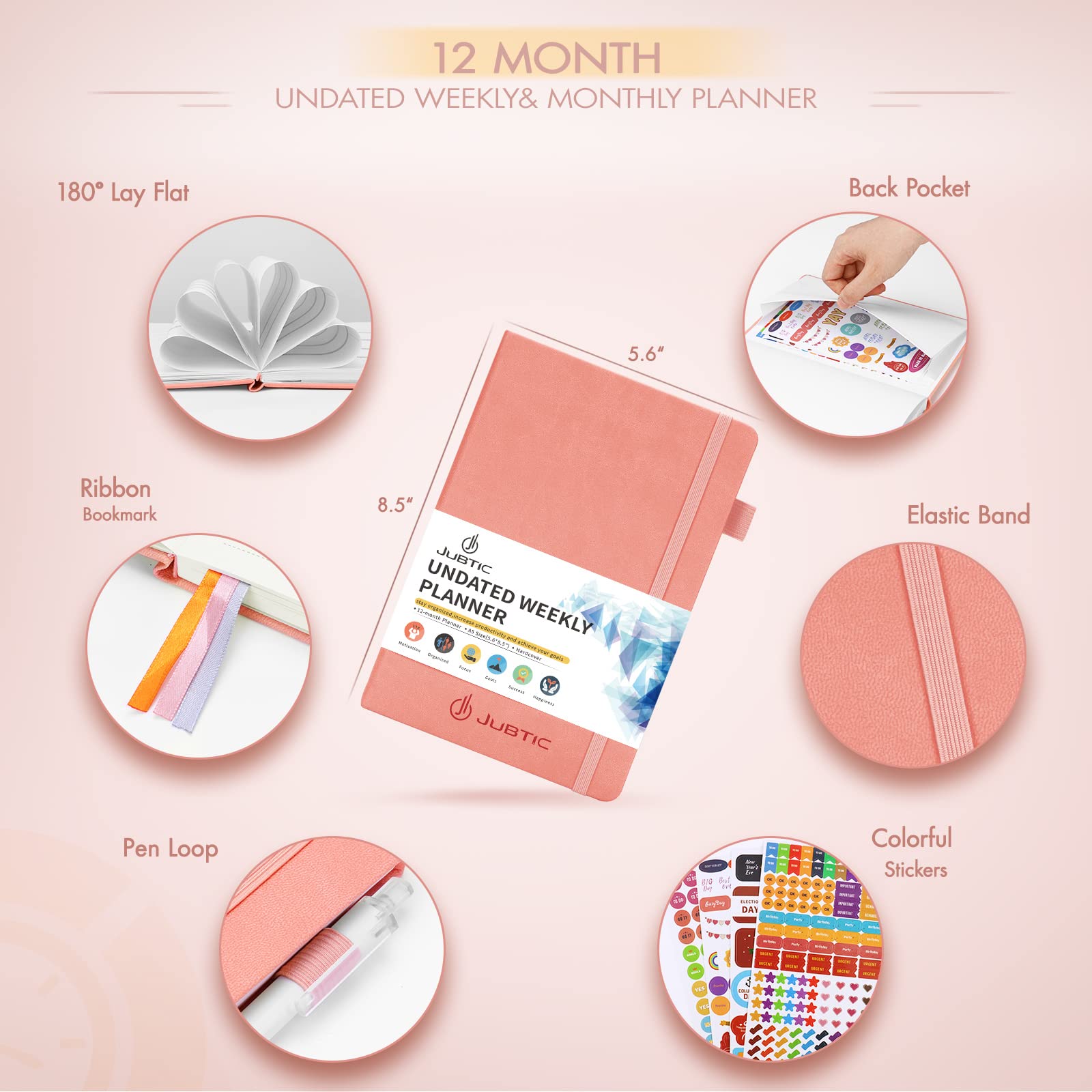 JUBTIC Undated Weekly & Monthly Planner - A5 Productivity Notebook with Stickers for Time Management, To-Do Lists & Goal Tracking - Perfect for Students, Professionals & Busy Moms (Pink) 2025