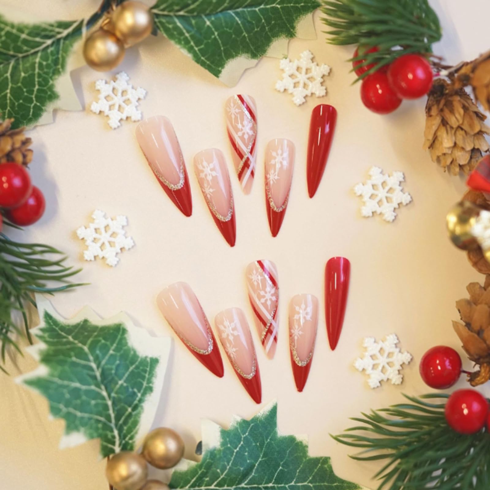 Christmas Red Press On Nails - 12 Sizes Red French Tip Almond Fake Nails With Snowflake Designs | Long Artificial Nails for Women Holiday Manicure | Perfect for Christmas Parties, New Year Celebrations & Winter Festive Events
