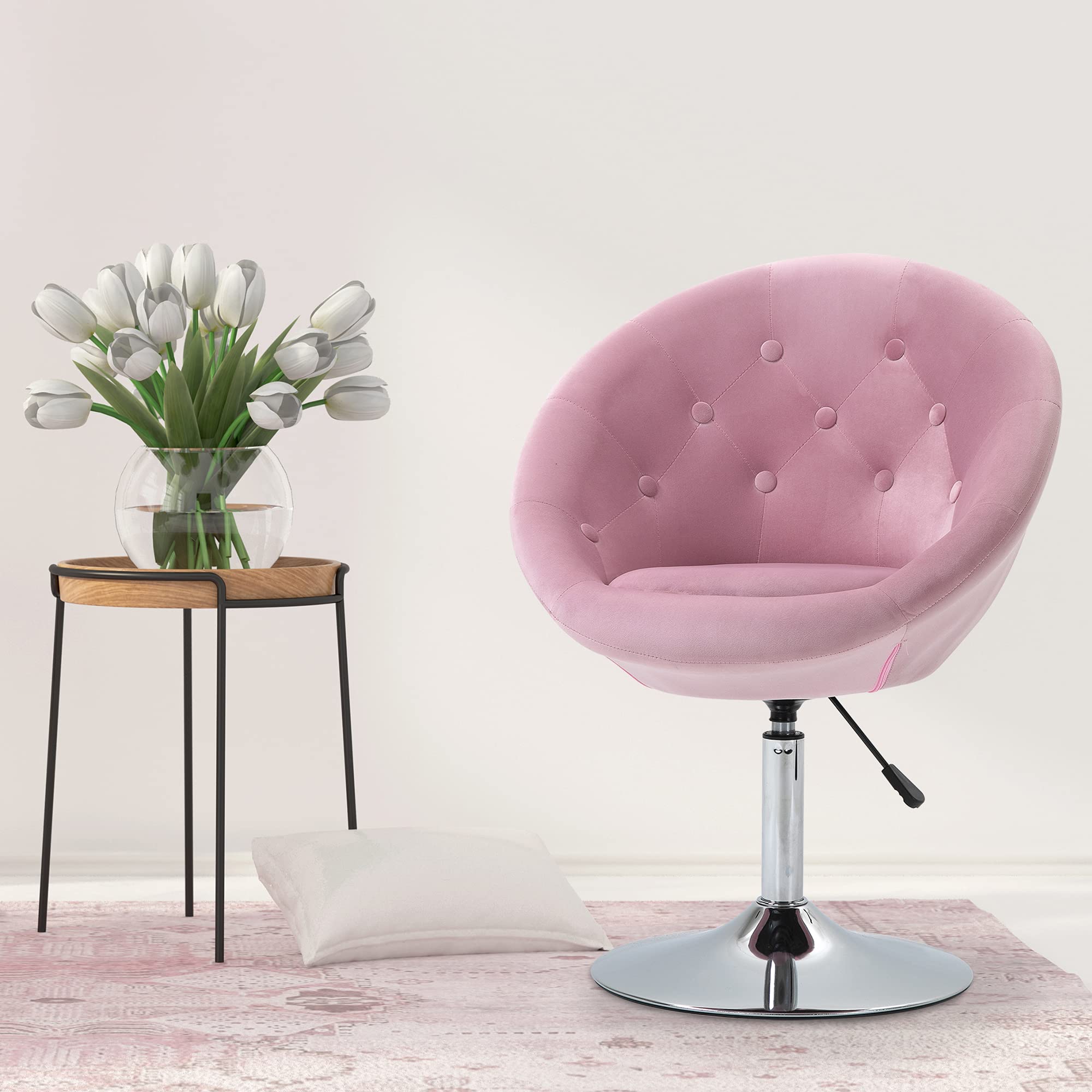 HOMCOM Modern Makeup Vanity Chair - Round Tufted Swivel Accent Chair with Chrome Frame, Height Adjustable - Pink Velvet Upholstery for Bedroom, Living Room, Dressing Room | Perfect for Makeup, Reading & Relaxing