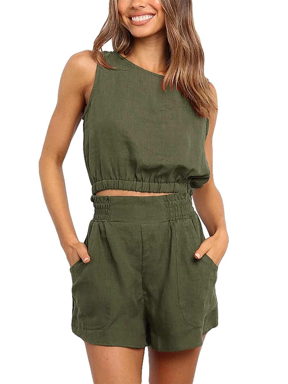 YOFIT Women's 2-Piece Lounge Set - Short Sleeve Cutout Crop Top & Pocket Shorts - Comfy Pajama Outfit for Sleep, Yoga & Home Relaxation