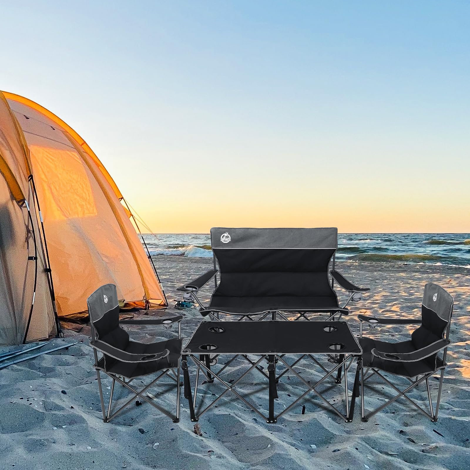 Northroad 4-Piece Outdoor Folding Camping Chair Set with Padded Seats - Includes 1 Loveseat, 2 Single Chairs & Portable Table - Compact Collapsible Design with Carry Bag - Perfect for Patio, Backyard, Beach, Picnics & Outdoor Gatherings (Black)
