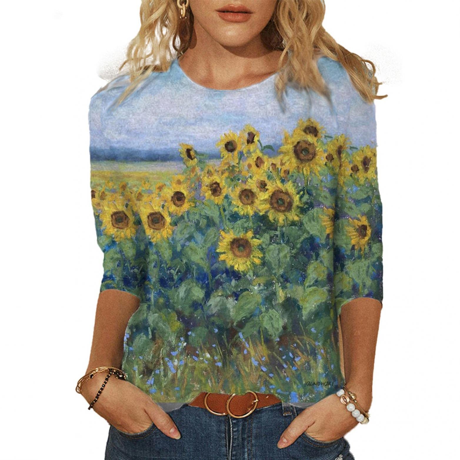 Masbird Women's 3/4 Sleeve Floral Print Tee Shirts - Casual Loose Lightweight Henley Tops for Everyday Wear, Work & Weekend Outfits