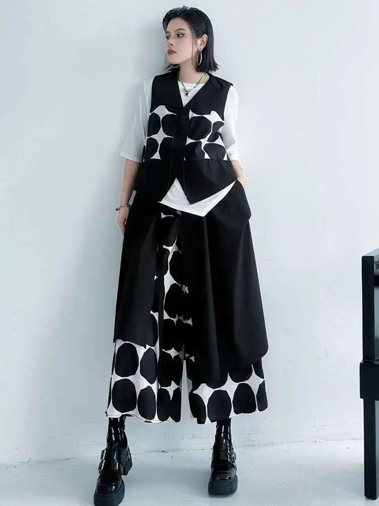 Plus Size Black Polka Dot Vest & Wide Leg Pants 2-Piece Set - Women's Fashion V-Neck Sleeveless Outfit for Spring/Fall 2025 | Office Wear, Casual Chic, Party Outfit