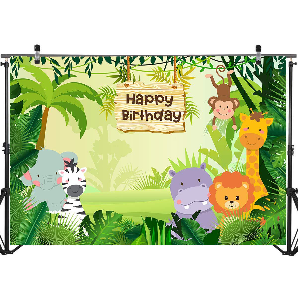 7x5ft Safari Jungle Birthday Backdrop with Wild Animals - Elephant & Monkey Forest Theme Photography Background for Boys' Birthday Parties, Baby Showers & Jungle-Themed Events