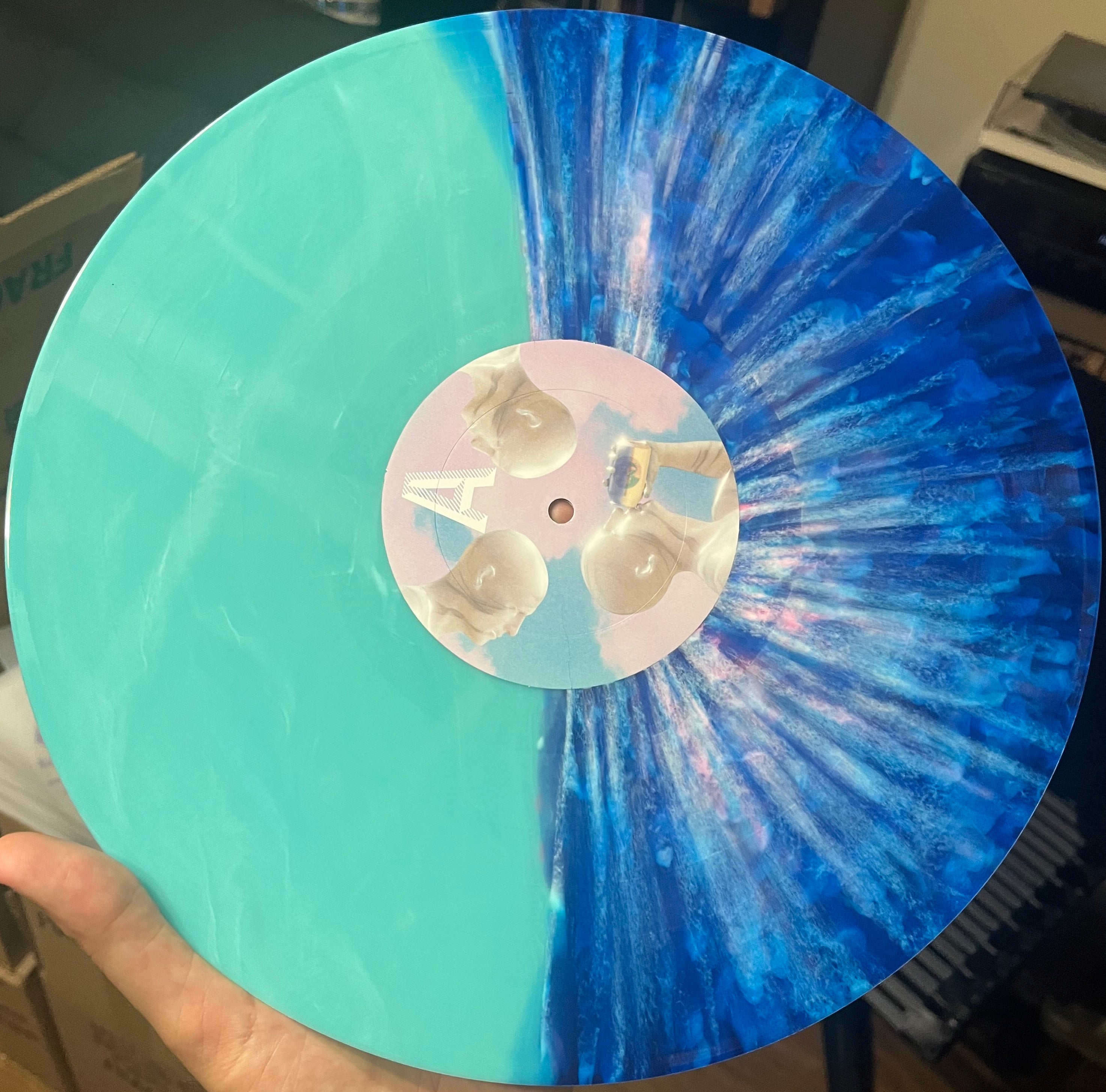 50/50 Magenta-Cream Split Vinyl with White Splatter