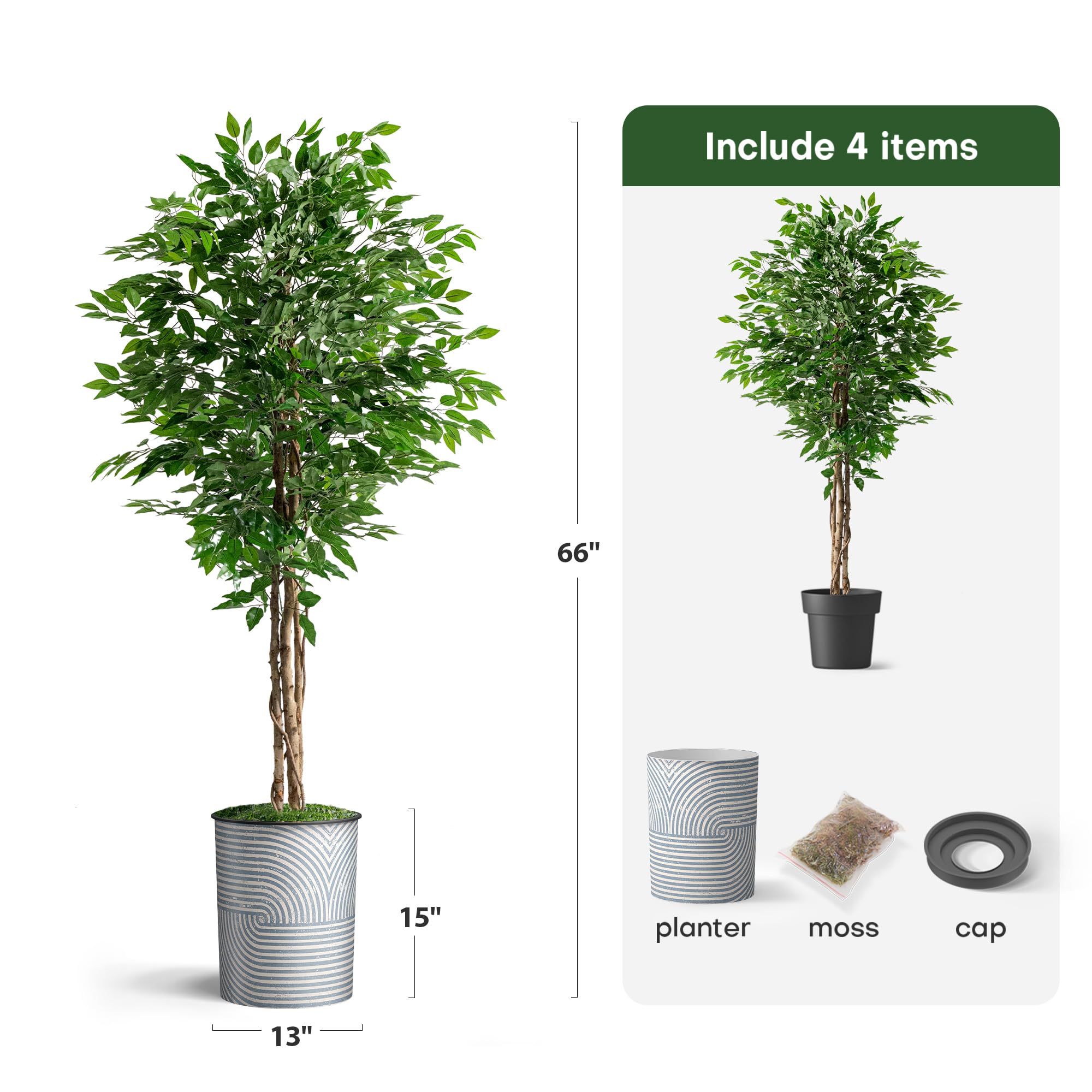 Modern Geometric Planter with Artificial Ficus Silk Tree - 66