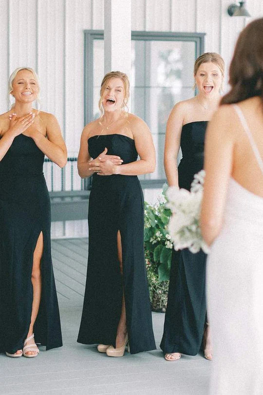 Elegant Black Satin Strapless Mermaid Bridesmaid Dress with High Slit - Perfect for Weddings, Prom, and Formal Evening Events