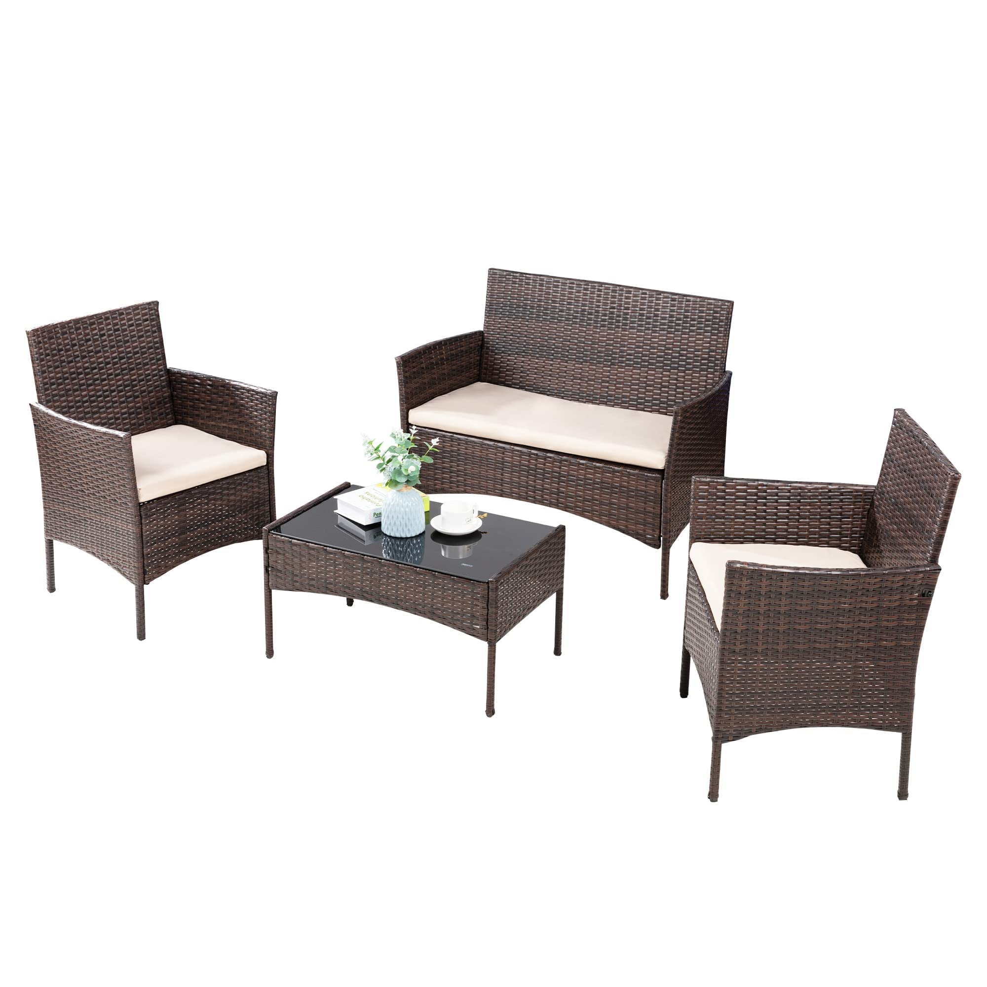 JAMFLY 4-Piece Brown Wicker Patio Furniture Set with Tempered Glass Coffee Table - Outdoor Rattan Conversation Set for Backyard, Porch, Garden, Poolside, Balcony - Perfect for Relaxing, Entertaining, and Lounging Outdoors