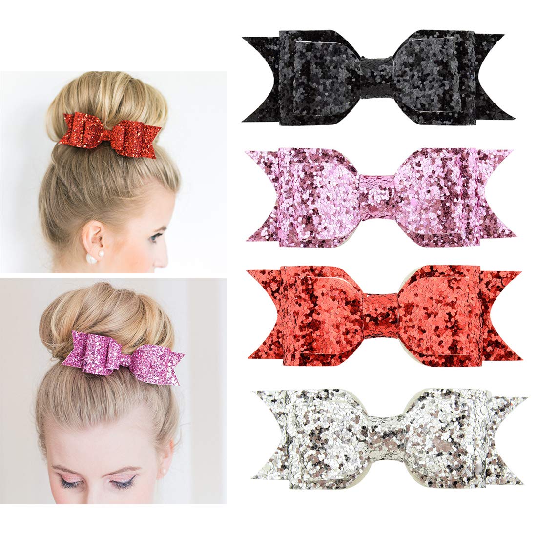 4 Pack Glitter Hair Clips with Sequin Bows - 3.75 Inch Hair Barrettes for Women, Girls & Teens - Mixed Colors - Perfect for Cheerleading, Parties & Everyday Fashion Accessories