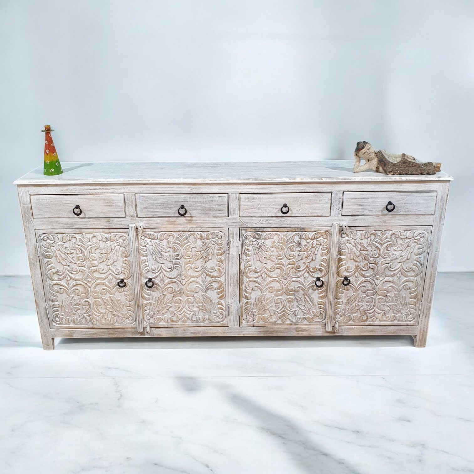Handmade Carved Indian Mango Wood 4-Drawer 4-Door Sideboard Buffet Cabinet - Whitewashed Rustic Farmhouse Style for Dining Room Storage & Entryway Decor