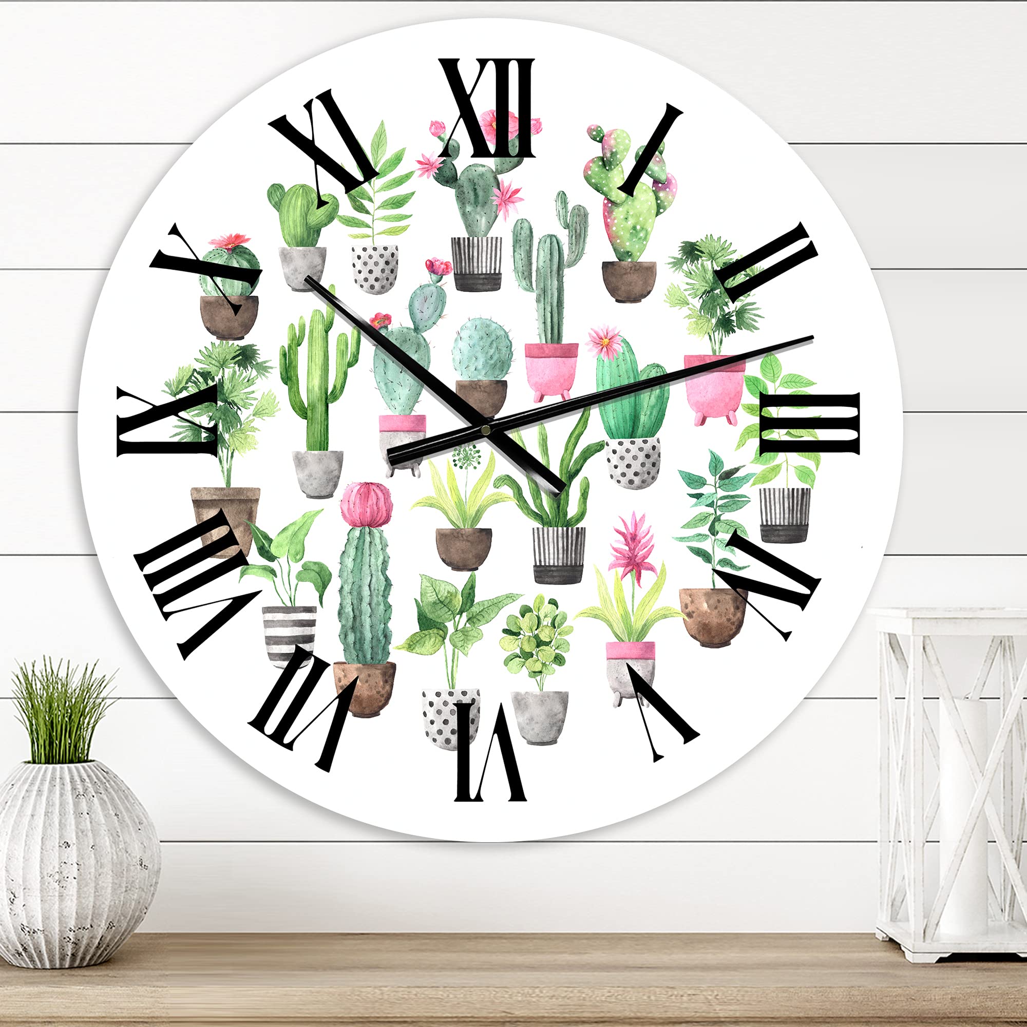 DesignQ Traditional Wall Clock - Cacti in Ceramic Pots II, Large Floral Botanical Wall Clock for Kitchen, Living Room, Bedroom Decor | Vintage Home Office Clock with Gentle Tones