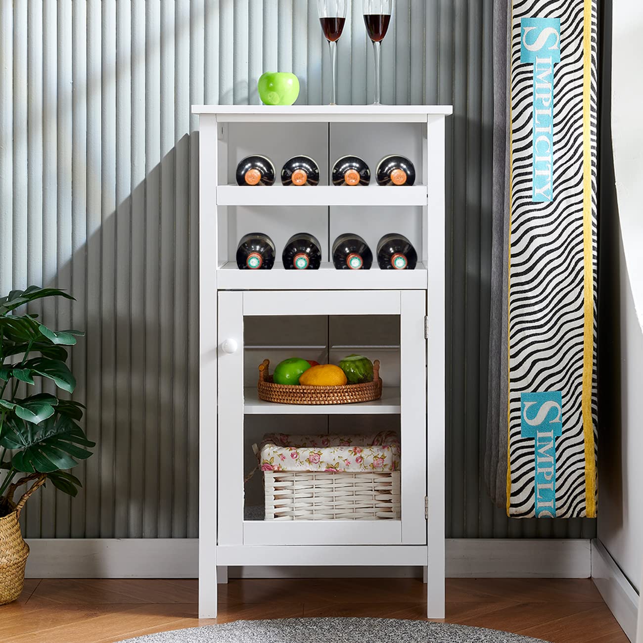 White Wooden Wine Cabinet with Glass Doors - 12 Bottle Storage Buffet Server Sideboard for Kitchen, Dining Room & Bar | Modern Wine Display & Storage Cupboard (Tall)