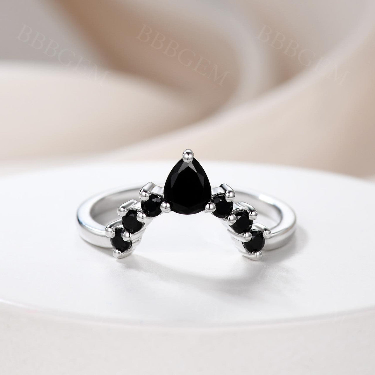 Women's Stackable Pear Black Onyx Spinel Curved Wedding Band Ring - Elegant Jewelry for Brides, Anniversaries & Special Occasions