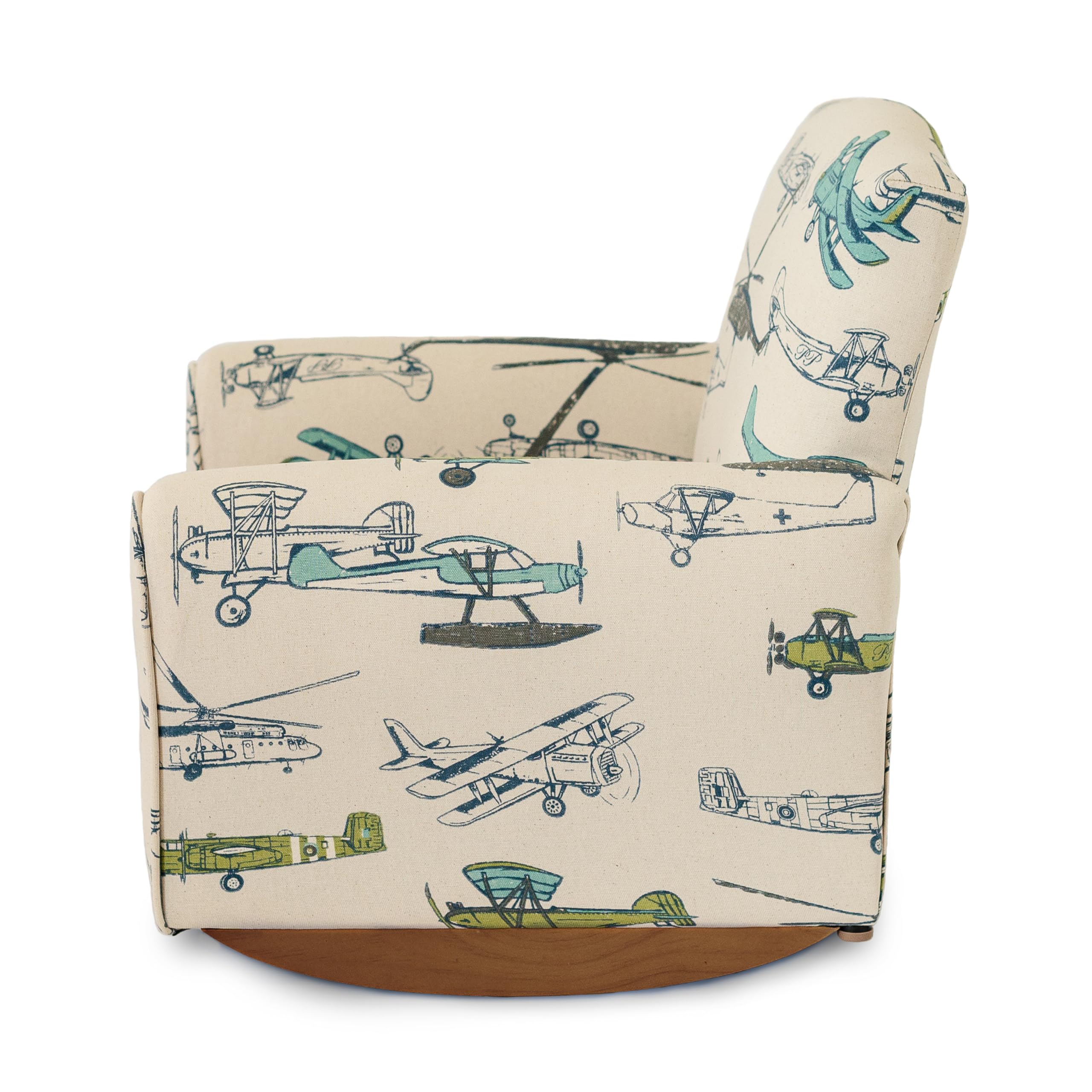 Personalized Kids Upholstered Rocking Chair with Name - Airplane Print Toddler Armchair for Nursery, Bedroom & Playroom - Comfy Personalized Children's Furniture Gift for Boys & Girls