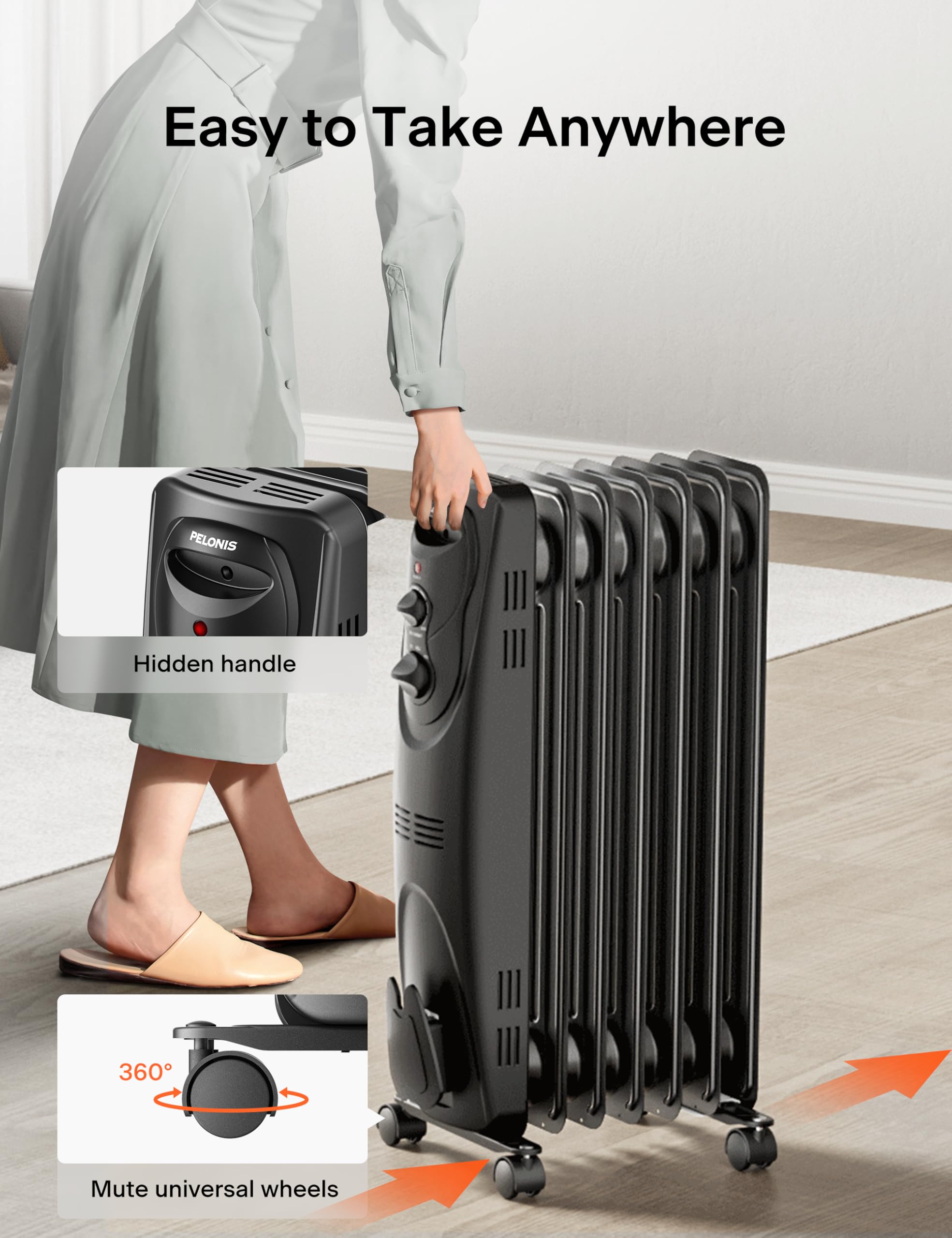 PELONIS PHO15A2AGB 1500W Electric Oil Filled Radiator Heater - Portable Space Heater for Home, Office, Bedroom - Black, 26.1