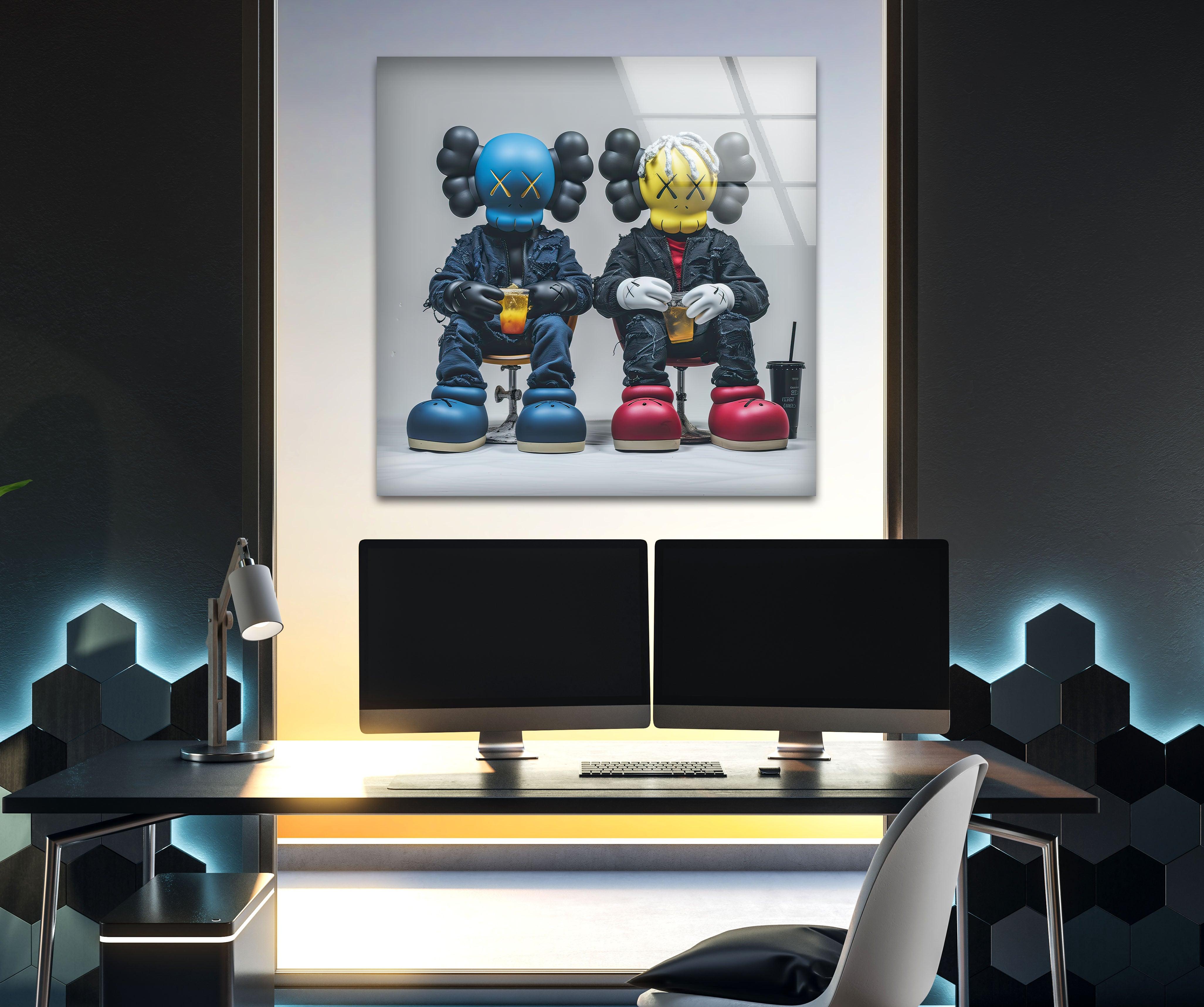 Blue & Yellow KAWS Wall Art Glass Decor - Modern Home & Office Decor for Living Room, Bedroom, or Gift