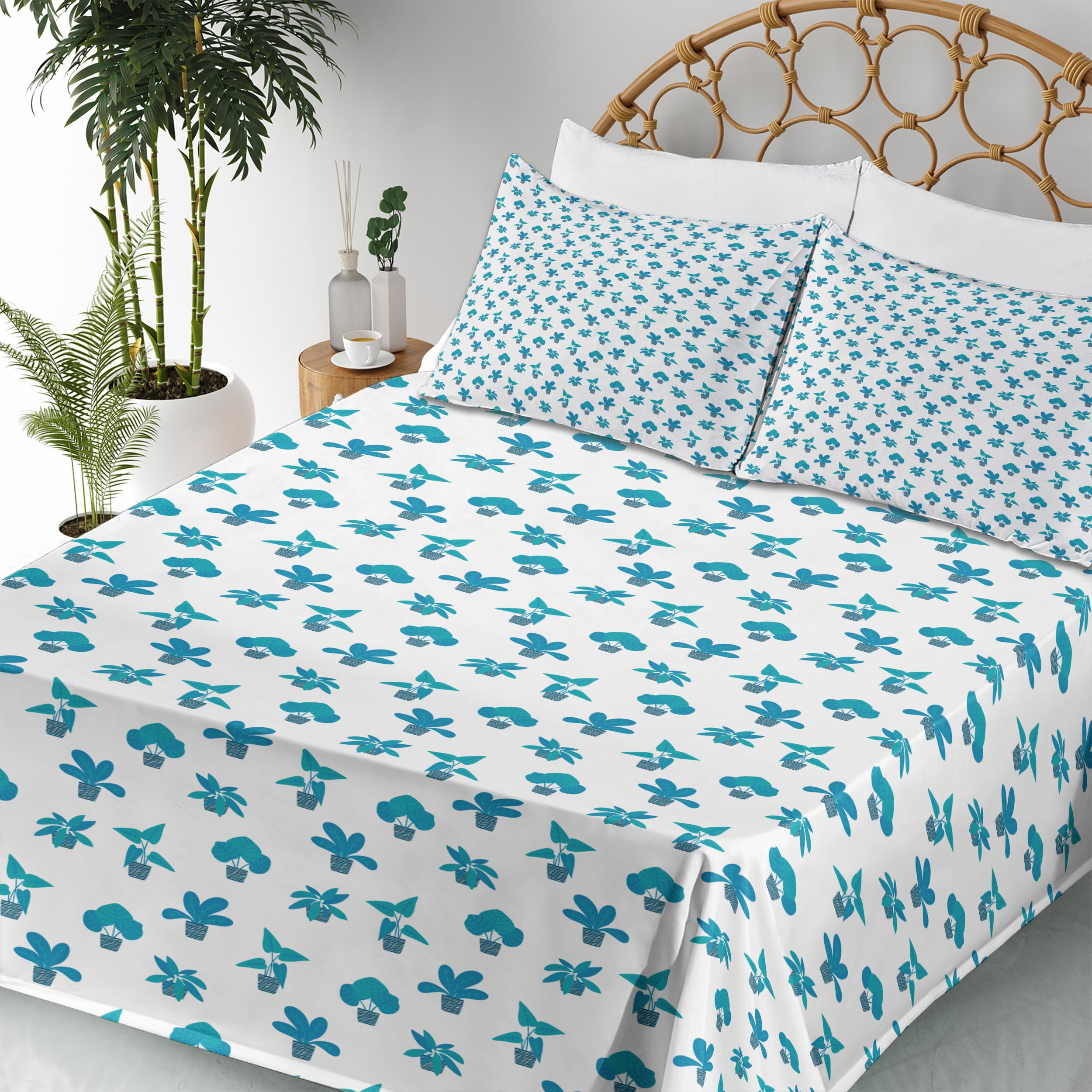 Ambesonne Floral King Size 4-Piece Sheet Set - Repeating Botanical Plants Design on Plain Background, Fitted & Flat Sheets with Pillowcases, Sea Blue & Dark Turquoise - Perfect for Master Bedroom, Guest Room & Vacation Home Decor