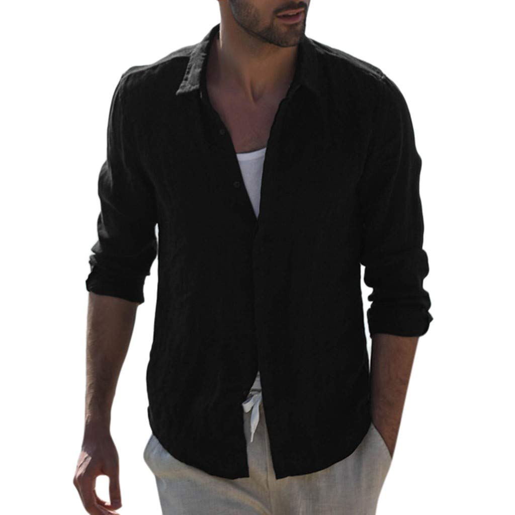 Vintage Men's Long Sleeve Cotton Blend Dress Shirt - Retro Loose Fit T-Shirt with Pocket for Casual Wear, Office & Date Night Outfits