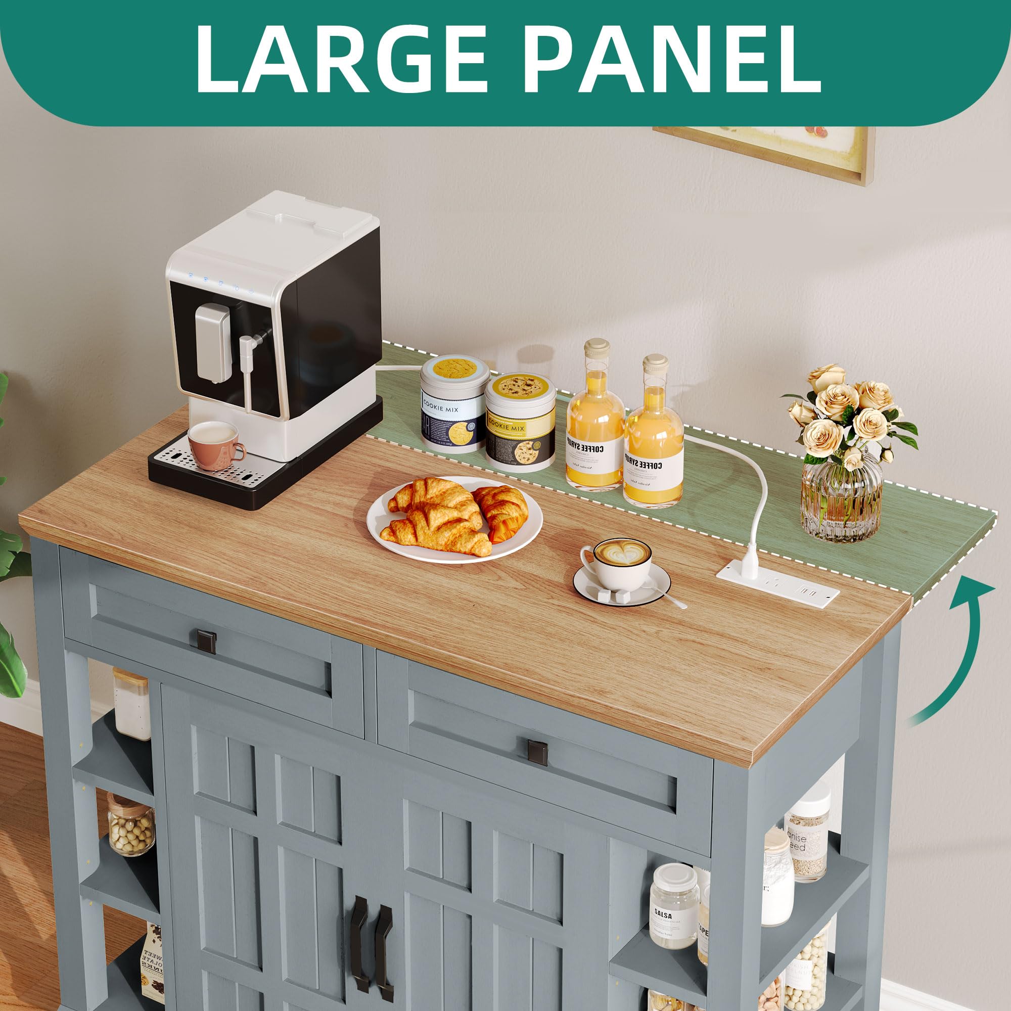 YITAHOME Kitchen Island with Drop Leaf & Power Outlet - Rolling Kitchen Cart on Wheels, Americana Style Cabinet with Open Shelves & Thick Rubberwood Top - Grey Blue for Small Kitchen, Dining Room & Apartment Cooking Space