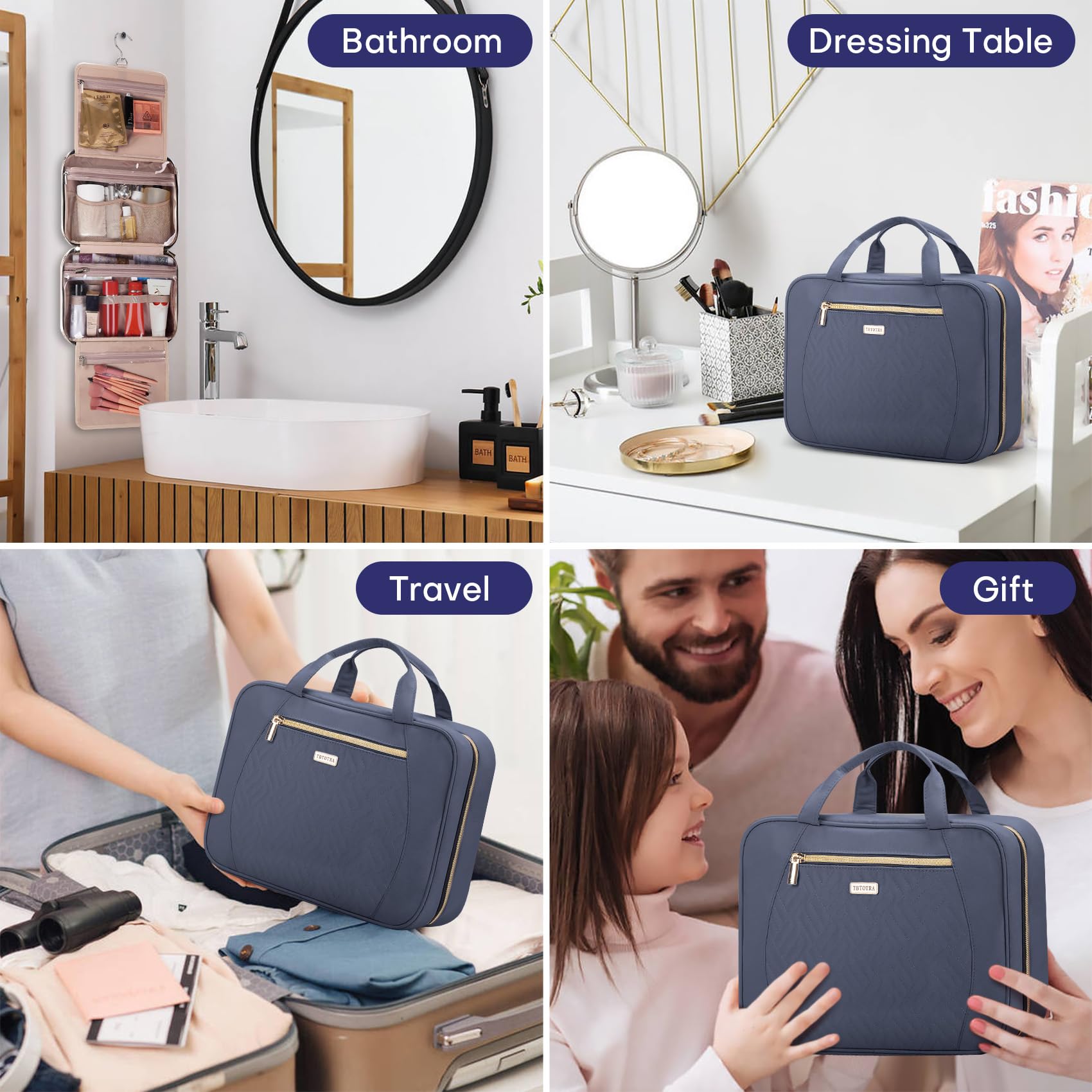 Waterproof Hanging Travel Toiletry Bag for Women & Men - Large Capacity Cosmetic Organizer with Hooks for Toiletries, Makeup Brushes, Shampoo - Perfect for Vacation, Gym, Camping (Medium Grey Blue)