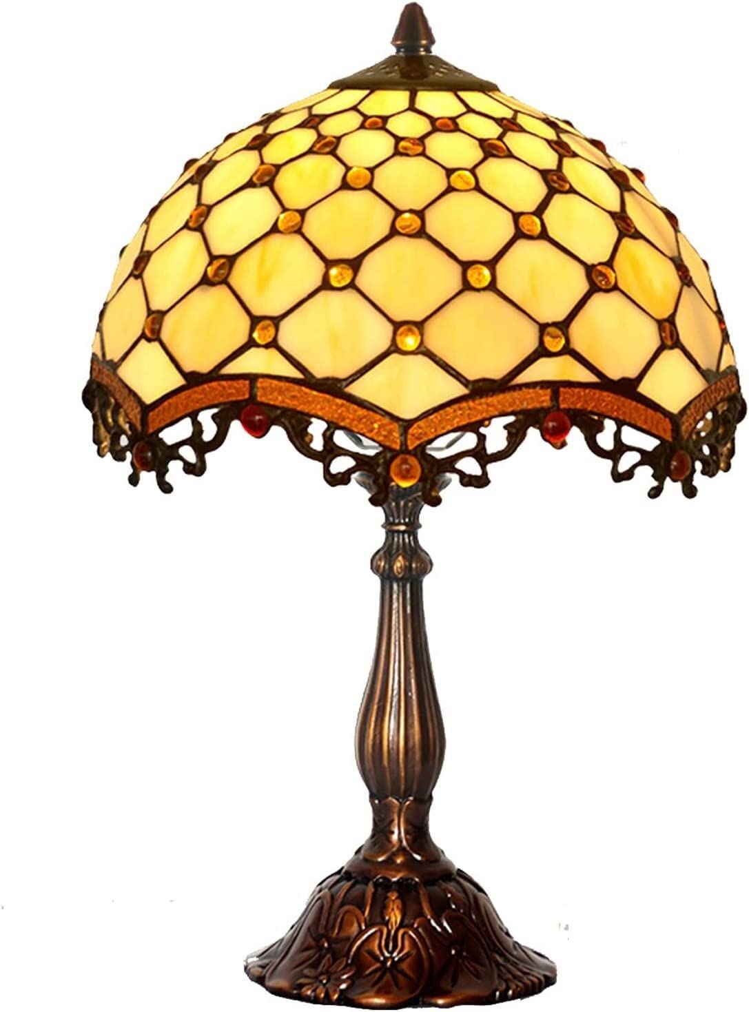 **Tiffany Style Stained Glass Table Lamp - Handmade Yellow Crystal Bead Desk & Bedside Night Light - Antique Art Craft Gift for Home, Living Room, Bedroom, Office (Perfect for Reading, Decor & Cozy Ambiance)**